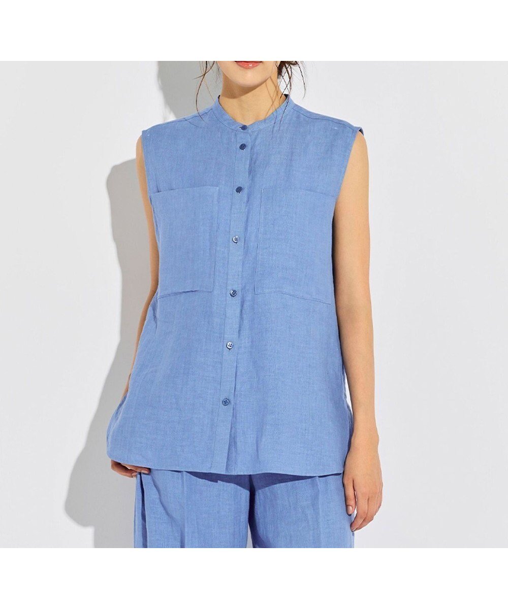 【ベイジ,/BEIGE,】のBASILE / バンドカラーシャツ インテリア・キッズ・メンズ・レディースファッション・服の通販 founy(ファニー) 　ファッション　Fashion　レディースファッション　Fashion for Women　トップス・カットソー　Cut & Sew Tops　シャツ・ブラウス・オフィスカジュアル　Elegant Blouses & Button-Ups　シンプル　Simple, Minimal　スタイリッシュ　Stylish, Fashionable　ノースリーブ　Sleeveless, No-Sleeve　ボトム　Bottoms, Lower Wear　ポケット　Pocket, Pocket Detail　リネン　Linen, Linen Fabric　夏　Summer　春　Spring　S/S・春夏　SS, Spring/Summer, Warm Season　洗える　Machine Washable　ビジネス 仕事 通勤　Business / Work / Commuting　Sax|ID: prp329100004858525 ipo3291000000035911506