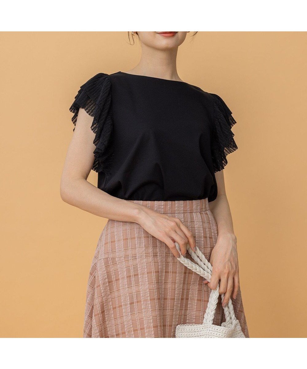 【組曲/KUMIKYOKU】のプリーツコンビフレンチスリーブ カットソー インテリア・キッズ・メンズ・レディースファッション・服の通販 founy(ファニー) 　ファッション　Fashion　レディースファッション　Fashion for Women　トップス・カットソー　Cut & Sew Tops　シャツ・ブラウス・オフィスカジュアル　Elegant Blouses & Button-Ups　ロングTシャツ・Tシャツ　Longline T-Shirts & Tees　カットソー・ベーシックTシャツ　Cut-and-Sewn Tops / Stretch Tees & Basics　インナー　Innerwear　春　Spring　カットソー　Cut and Sewn Top　シルケット　Silket, Silky Cotton　フェミニン　Feminine, Girly　フリル　Frill, Ruffle　プリーツ　Pleats, Pleated　S/S・春夏　SS, Spring/Summer, Warm Season　夏　Summer　エレガント 上品　Elegant　ブラック系|ID: prp329100004859656 ipo3291000000035959925