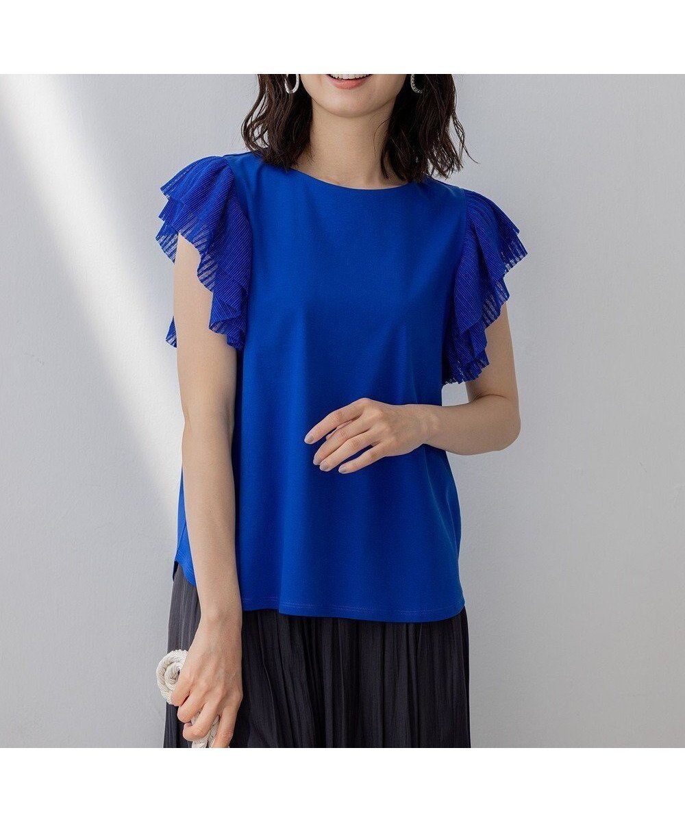 【組曲/KUMIKYOKU】のプリーツコンビフレンチスリーブ カットソー インテリア・キッズ・メンズ・レディースファッション・服の通販 founy(ファニー) 　ファッション　Fashion　レディースファッション　Fashion for Women　トップス・カットソー　Cut & Sew Tops　シャツ・ブラウス・オフィスカジュアル　Elegant Blouses & Button-Ups　ロングTシャツ・Tシャツ　Longline T-Shirts & Tees　カットソー・ベーシックTシャツ　Cut-and-Sewn Tops / Stretch Tees & Basics　インナー　Innerwear　春　Spring　カットソー　Cut and Sewn Top　シルケット　Silket, Silky Cotton　フェミニン　Feminine, Girly　フリル　Frill, Ruffle　プリーツ　Pleats, Pleated　S/S・春夏　SS, Spring/Summer, Warm Season　夏　Summer　エレガント 上品　Elegant　ウルトラマリンブルー系|ID: prp329100004859656 ipo3291000000035959928