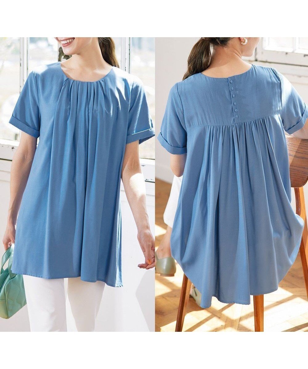 【ティアクラッセ/Tiaclasse】の【洗える】バックギャザーフレアチュニックブラウス インテリア・キッズ・メンズ・レディースファッション・服の通販 founy(ファニー) 　ファッション　Fashion　レディースファッション　Fashion for Women　トップス・カットソー　Cut & Sew Tops　シャツ・ブラウス・オフィスカジュアル　Elegant Blouses & Button-Ups　ウォッシャブル　Machine Washable　春　Spring　洗える　Machine Washable　カフス　Cuff Design　カーディガン　Cardigan, Knitwear　ギャザー　Gathered, Ruffled　チュニック　Tunic, Long Top　フレア　Flare, Flared　ポケット　Pocket, Pocket Detail　半袖　Short Sleeve, Half Sleeve　ヨーク　Yoke, Yoke Design　ラウンド　Round, Round Neck　ロング　Long, Long-Length　S/S・春夏　SS, Spring/Summer, Warm Season　再入荷　Restock / Back in Stock　夏　Summer　新作・新入荷　New Arrivals / New In　ブルー|ID: prp329100004861468 ipo3291000000036031899