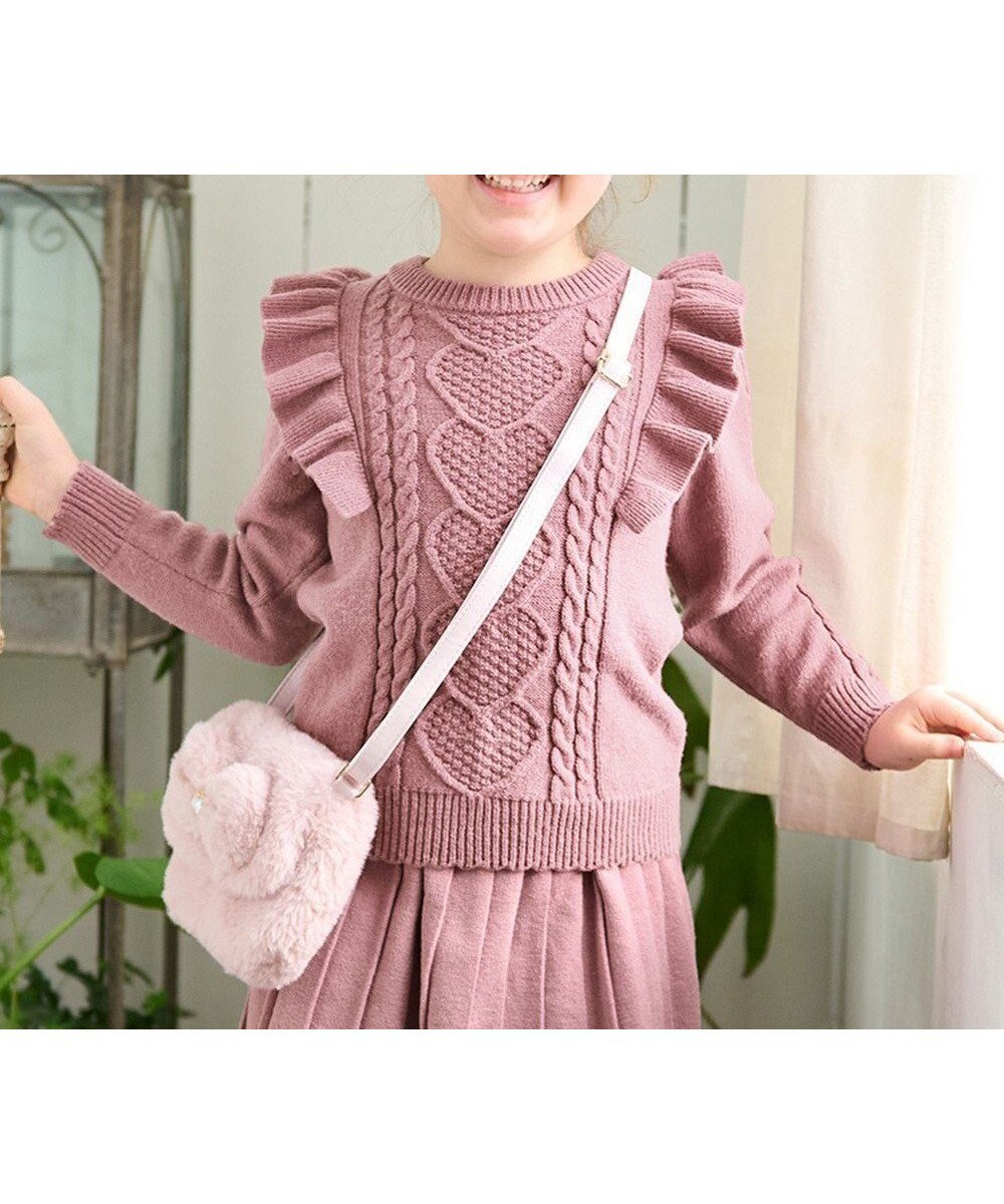 【エニィ/ANY / KIDS】の肩フリルハートケーブルニット インテリア・キッズ・メンズ・レディースファッション・服の通販 founy(ファニー) 　ファッション　Fashion　キッズファッション　Fashion for Kids　トップス・カットソー　Cut & Sew Tops　ガーリー　Girly, Feminine Style　セーター　Sweater, Knitwear　フリル　Frill, Ruffle　ポケット　Pocket, Pocket Detail　冬　Winter / This Winter　定番　Standard, Basic Item　A/W・秋冬　Autumn/Winter　ピンク|ID: prp329100004862073 ipo3291000000036082665