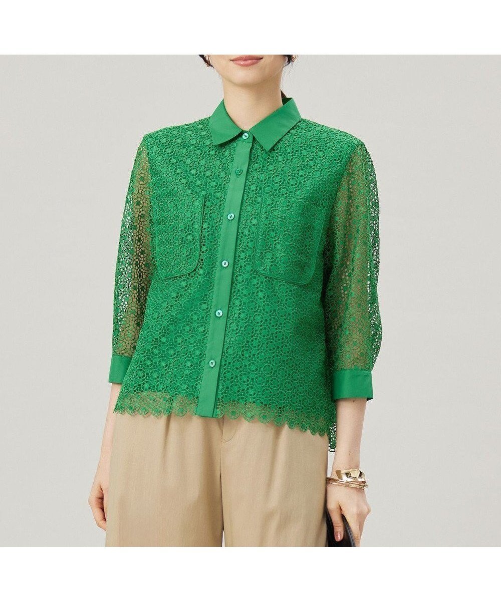 【自由区/JIYU-KU】の【ドラマ「明日はもっと いい日になる」着用】【洗える】ジオメトリックフラワーレースクロップド丈シャツ ブラウス インテリア・キッズ・メンズ・レディースファッション・服の通販 founy(ファニー) 　ファッション　Fashion　レディースファッション　Fashion for Women　トップス・カットソー　Cut & Sew Tops　シャツ・ブラウス・オフィスカジュアル　Elegant Blouses & Button-Ups　アンティーク　Antique-Inspired　エレガント 上品　Elegant　春　Spring　洗える　Machine Washable　カフス　Cuff Design　クロップド　Cropped, Short Length　サークル　Circle, Round Design　シンプル　Simple, Minimal　スカラップ　Scallop, Scalloped Edge　透かし　Cut-Out, Lacework　トレンド　Trend, Trending Now　人気　Popular, Best Seller　バランス　Balance, Style Balance　ビンテージ　Vintage, Retro Style　フラワー　Flower, Floral　ブロッキング　Color Blocking, Panel Design　ボトム　Bottoms, Lower Wear　ポケット　Pocket, Pocket Detail　無地　Plain, Solid Color　レース　Lace, Lace Fabric　ロンドン　London Style, British Inspired　S/S・春夏　SS, Spring/Summer, Warm Season　夏　Summer　グリーン|ID: prp329100004862095 ipo3291000000036083098