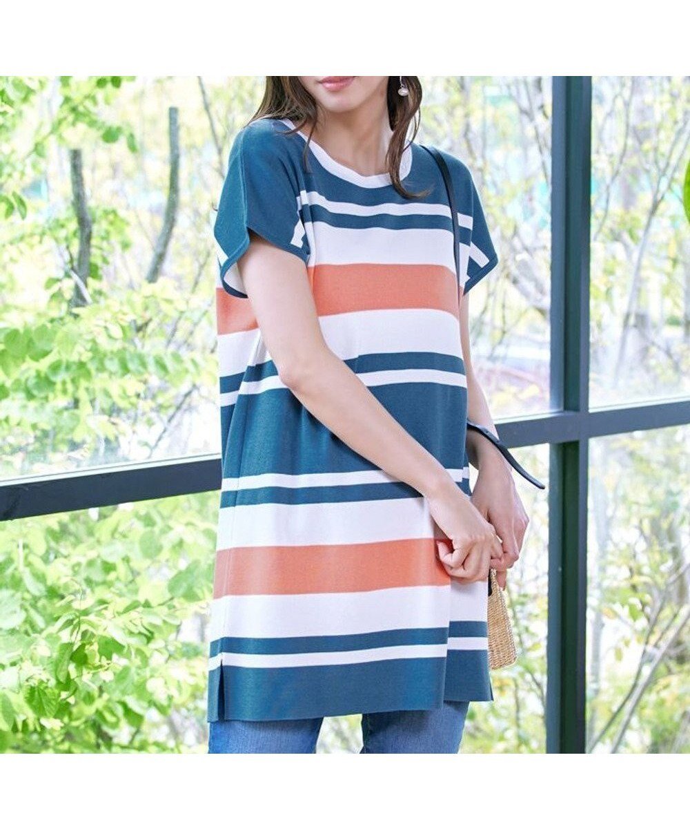 【ティアクラッセ/Tiaclasse】の【洗える】マルチボーダーフレンチニットチュニック インテリア・キッズ・メンズ・レディースファッション・服の通販 founy(ファニー) 　ファッション　Fashion　レディースファッション　Fashion for Women　トップス・カットソー　Cut & Sew Tops　ニット　Knit Tops & Sweaters　ウォッシャブル　Machine Washable　春　Spring　洗える　Machine Washable　カーディガン　Cardigan, Knitwear　サマー　Summer, Summer Style　ストレッチ　Stretch, Stretchy Fabric　スリーブ　Sleeve, Long Sleeve / Short Sleeve　セーター　Sweater, Knitwear　チュニック　Tunic, Long Top　バランス　Balance, Style Balance　フェミニン　Feminine, Girly　フレンチ　French, French Style　ボーダー　Border, Stripe　ポケット　Pocket, Pocket Detail　半袖　Short Sleeve, Half Sleeve　無地　Plain, Solid Color　ラウンド　Round, Round Neck　ロング　Long, Long-Length　S/S・春夏　SS, Spring/Summer, Warm Season　再入荷　Restock / Back in Stock　夏　Summer　新作・新入荷　New Arrivals / New In　ビジネス 仕事 通勤　Business / Work / Commuting　ターコイズ×オフ×コーラル|ID: prp329100004862247 ipo3291000000036086589