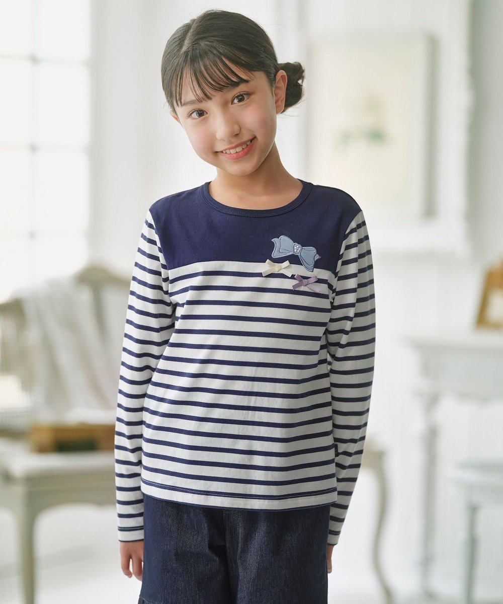 【組曲 / KIDS/KUMIKYOKU】の【110-140㎝】 リボンボーダー Tシャツ インテリア・キッズ・メンズ・レディースファッション・服の通販 founy(ファニー) ファッション Fashion キッズファッション Fashion for Kids トップス・カットソー Cut & Sew Tops カットソー Cut and Sewn Top シンプル Simple, Minimal パール Pearl, Pearl Accent ボーダー Border, Stripe ヨーク Yoke, Yoke Design ラベンダー Lavender リボン Ribbon, Bow 夏 Summer 春 Spring S/S・春夏 SS, Spring/Summer, Warm Season ネイビー|ID: prp329100004862970 ipo3291000000036150112