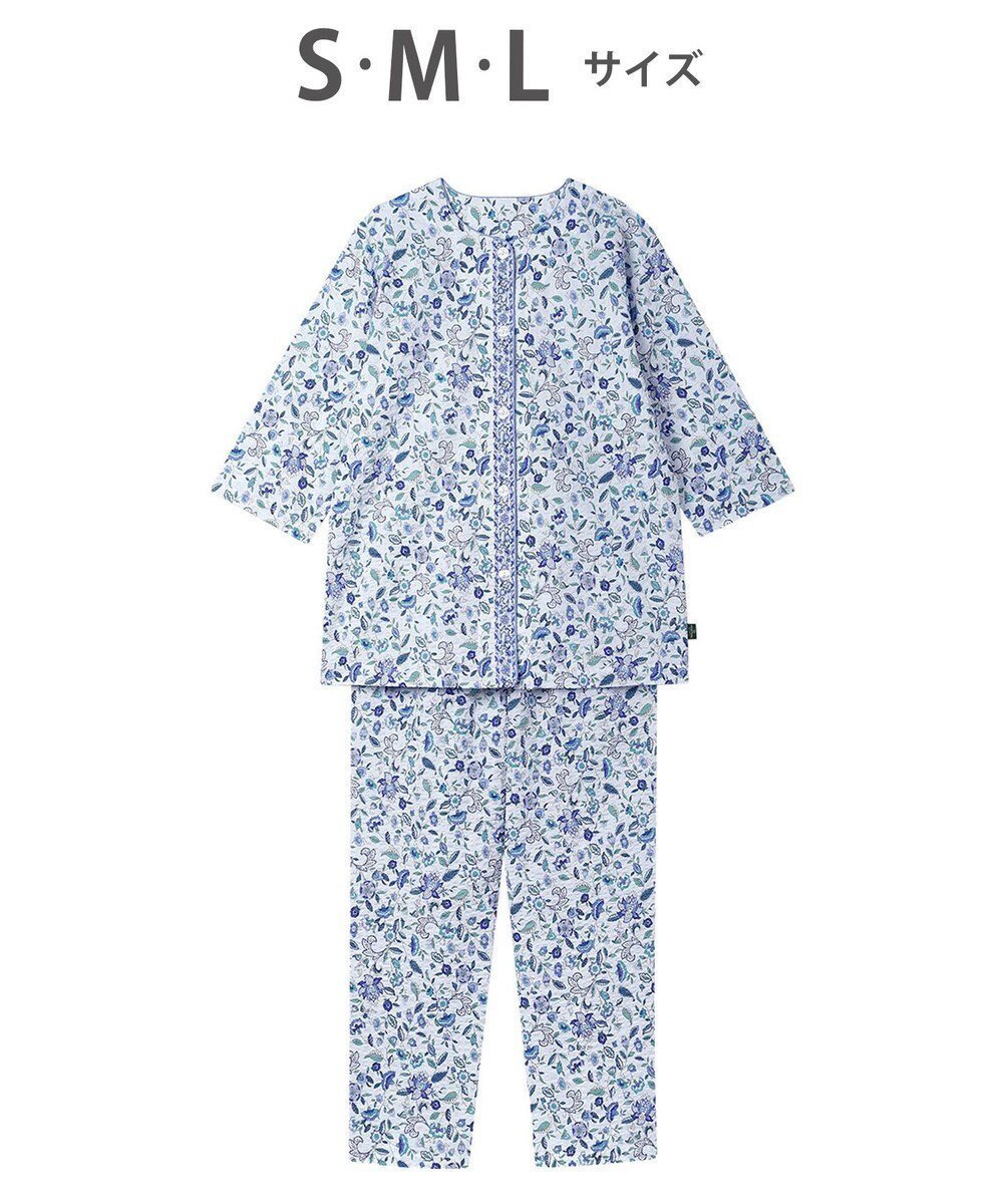 【ワコール/WACOAL】のワコール_リラックス&スリープ パジャマ 7分袖 長袖 長ズボン 綿100%(本体) ミントン レディース NDT255 /ワコール インテリア・キッズ・メンズ・レディースファッション・服の通販 founy(ファニー) ファッション Fashion レディースファッション Fashion for Women トップス・カットソー Cut & Sew Tops 長袖 Long Sleeve, Full Sleeve パジャマ Pajamas, Sleepwear フラワー Flower, Floral ボトム Bottoms, Lower Wear リボン Ribbon, Bow リラックス Relax, Relaxed Fit サックス|ID: prp329100004862993 ipo3291000000036150517