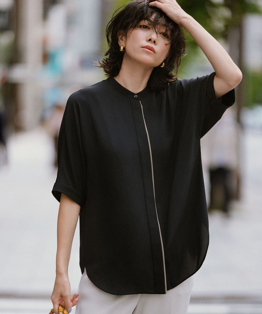 【アイシービー/iCB】の【新色追加・接触冷感・UVケア・速乾・洗える】BackSatinAmunzen 5分袖バンドカラーブラウス インテリア・キッズ・メンズ・レディースファッション・服の通販 founy(ファニー) 　ファッション　Fashion　レディースファッション　Fashion for Women　トップス・カットソー　Cut & Sew Tops　シャツ・ブラウス・オフィスカジュアル　Elegant Blouses & Button-Ups　春　Spring　洗える　Machine Washable　サテン　Satin, Glossy Fabric　人気　Popular, Best Seller　ワーク　Workwear, Utility Style　S/S・春夏　SS, Spring/Summer, Warm Season　夏　Summer　2024年　2024　2024春夏・S/S　Spring/Summer 2024 SS24　ブラック×フォーン配色系|ID: prp329100004863015 ipo3291000000036151164