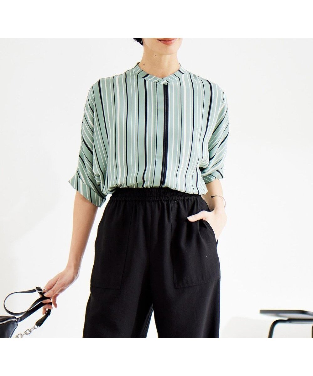 【アイシービー/iCB】の【新色追加・接触冷感・UVケア・速乾・洗える】BackSatinAmunzen 5分袖バンドカラーブラウス インテリア・キッズ・メンズ・レディースファッション・服の通販 founy(ファニー) 　ファッション　Fashion　レディースファッション　Fashion for Women　トップス・カットソー　Cut & Sew Tops　シャツ・ブラウス・オフィスカジュアル　Elegant Blouses & Button-Ups　春　Spring　洗える　Machine Washable　サテン　Satin, Glossy Fabric　人気　Popular, Best Seller　ワーク　Workwear, Utility Style　S/S・春夏　SS, Spring/Summer, Warm Season　夏　Summer　2024年　2024　2024春夏・S/S　Spring/Summer 2024 SS24　ティールグレーストライプ系[WEB限定]|ID: prp329100004863015 ipo3291000000036151195