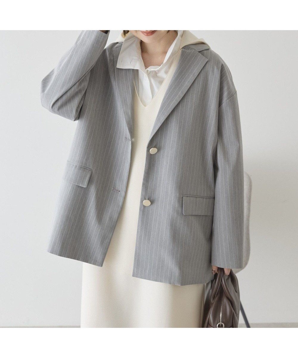 【アメリカンホリック/AMERICAN HOLIC】のオーバーサイズテーラージャケット インテリア・キッズ・メンズ・レディースファッション・服の通販 founy(ファニー) 　ファッション　Fashion　レディースファッション　Fashion for Women　アウター　Coat / Outerwear Collection　レディースジャケット・軽アウター　Jackets　アメリカン　American Style　ジャケット　Jacket, Outerwear　スタイリッシュ　Stylish, Fashionable　とろみ　Fluid, Flowy Fabric　ダブル　Double, Double-Breasted　トレンド　Trend, Trending Now　ポケット　Pocket, Pocket Detail　マニッシュ　Mannish, Boyish　おすすめ　Recommended / Our Picks　エレガント 上品　Elegant　Stripe Gray|ID: prp329100004863233 ipo3291000000036156475