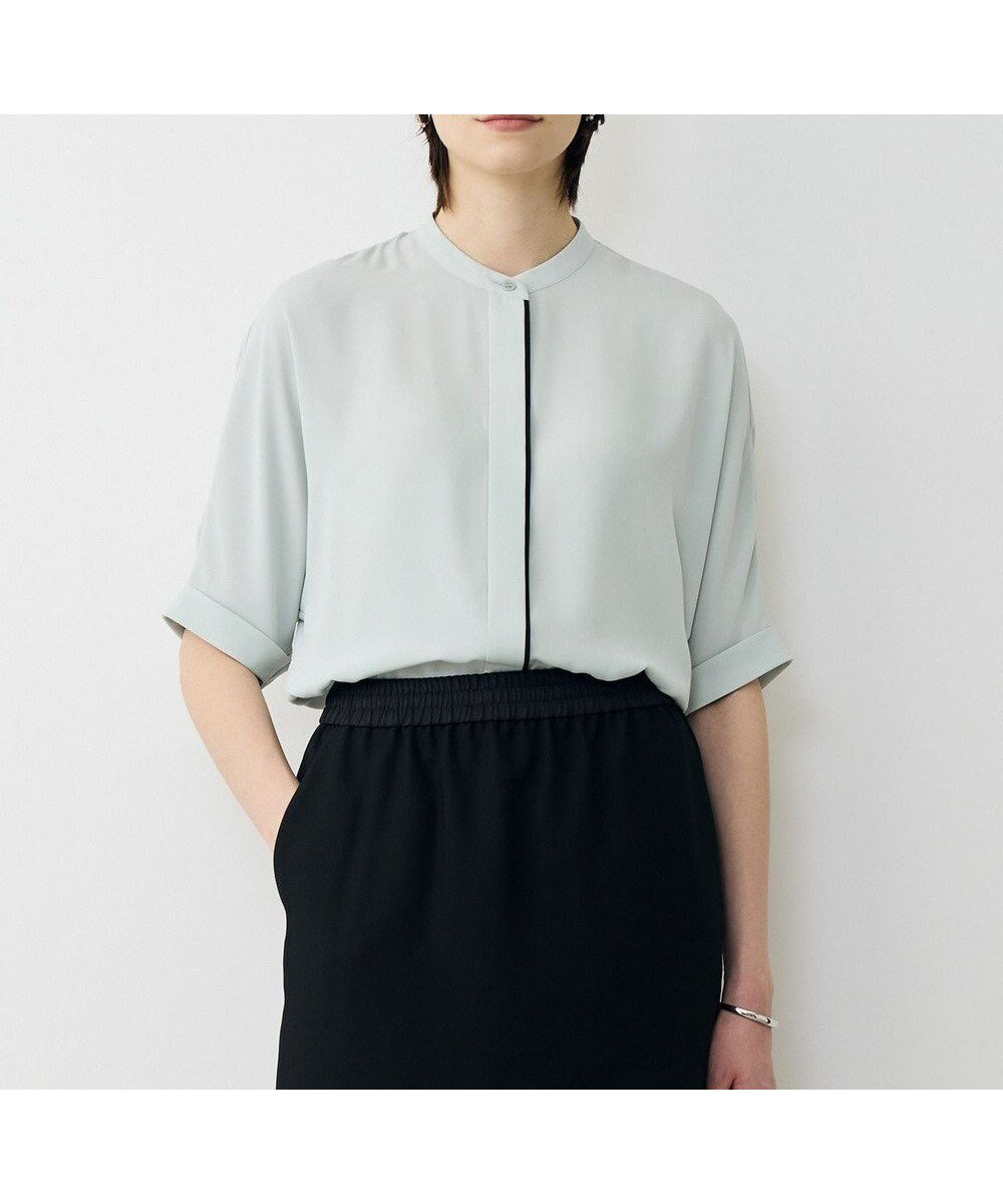 【アイシービー/iCB】の【先行予約・WEB限定カラーあり】BackSatinAmunzen 5分袖バンドカラーブラウス インテリア・キッズ・メンズ・レディースファッション・服の通販 founy(ファニー) 　ファッション　Fashion　レディースファッション　Fashion for Women　トップス・カットソー　Cut & Sew Tops　シャツ・ブラウス・オフィスカジュアル　Elegant Blouses & Button-Ups　春　Spring　今季　This Season, Current Season　サテン　Satin, Glossy Fabric　定番　Standard, Basic Item　人気　Popular, Best Seller　プリント　Print, Printed Pattern　ワーク　Workwear, Utility Style　S/S・春夏　SS, Spring/Summer, Warm Season　夏　Summer　2026年　2026　アッシュブルー[WEB限定]|ID: prp329100004863293 ipo3291000000036156661