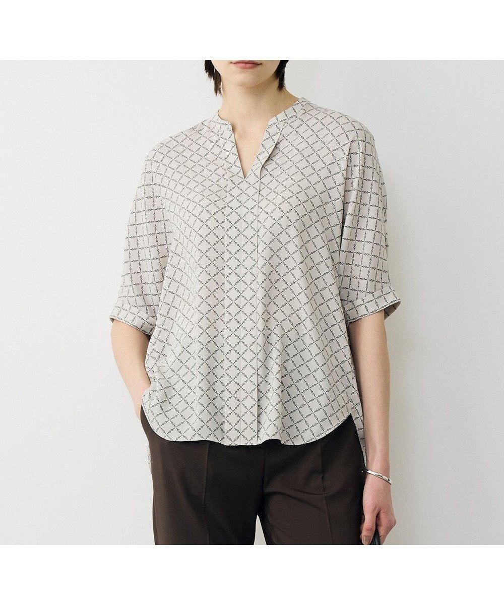 【アイシービー/iCB】の【先行予約・WEB限定】BackSatinAmunzen 5分袖キーネックブラウス インテリア・キッズ・メンズ・レディースファッション・服の通販 founy(ファニー) 　ファッション　Fashion　レディースファッション　Fashion for Women　トップス・カットソー　Cut & Sew Tops　シャツ・ブラウス・オフィスカジュアル　Elegant Blouses & Button-Ups　春　Spring　今季　This Season, Current Season　サテン　Satin, Glossy Fabric　人気　Popular, Best Seller　プリント　Print, Printed Pattern　ワーク　Workwear, Utility Style　S/S・春夏　SS, Spring/Summer, Warm Season　夏　Summer　エレガント 上品　Elegant　2026年　2026　トープ×スクエアビット柄|ID: prp329100004863370 ipo3291000000036156978