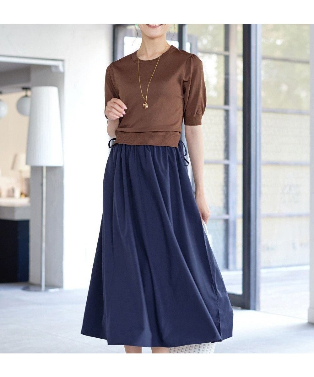 【ティアクラッセ/Tiaclasse】の【洗える】ニットドッキングワンピース インテリア・キッズ・メンズ・レディースファッション・服の通販 founy(ファニー) 　ファッション　Fashion　レディースファッション　Fashion for Women　ワンピース　Dresses　アクセサリー　Fashion Accessories　ウォッシャブル　Machine Washable　エレガント 上品　Elegant　春　Spring　洗える　Machine Washable　秋　Autumn　カーディガン　Cardigan, Knitwear　スリーブ　Sleeve, Long Sleeve / Short Sleeve　チュニック　Tunic, Long Top　ドッキング　Docking, Mixed Material　ラウンド　Round, Round Neck　リボン　Ribbon, Bow　冬　Winter / This Winter　S/S・春夏　SS, Spring/Summer, Warm Season　再入荷　Restock / Back in Stock　夏　Summer　新作・新入荷　New Arrivals / New In　ブラウン×ネイビー|ID: prp329100004863691 ipo3291000000036177525