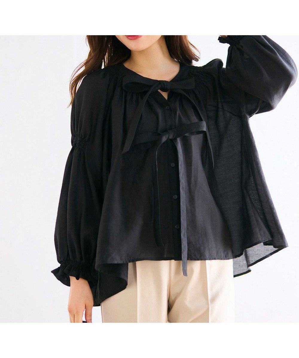 【フェルゥ/Feroux】のダブルリボンシアー ブラウス インテリア・キッズ・メンズ・レディースファッション・服の通販 founy(ファニー) 　ファッション　Fashion　レディースファッション　Fashion for Women　トップス・カットソー　Cut & Sew Tops　シャツ・ブラウス・オフィスカジュアル　Elegant Blouses & Button-Ups　キャミソール　Camisole, Spaghetti Strap Top　シャーリング　Shirring, Ruched　デニム　Denim, Jeans Material　フロント　Front, Front Design　リゾート　Resort, Vacation Style　リボン　Ribbon, Bow　リラックス　Relax, Relaxed Fit　夏　Summer　春　Spring　S/S・春夏　SS, Spring/Summer, Warm Season　長袖　Long Sleeve, Full Sleeve　ブラック系|ID: prp329100004863694 ipo3291000000036177645