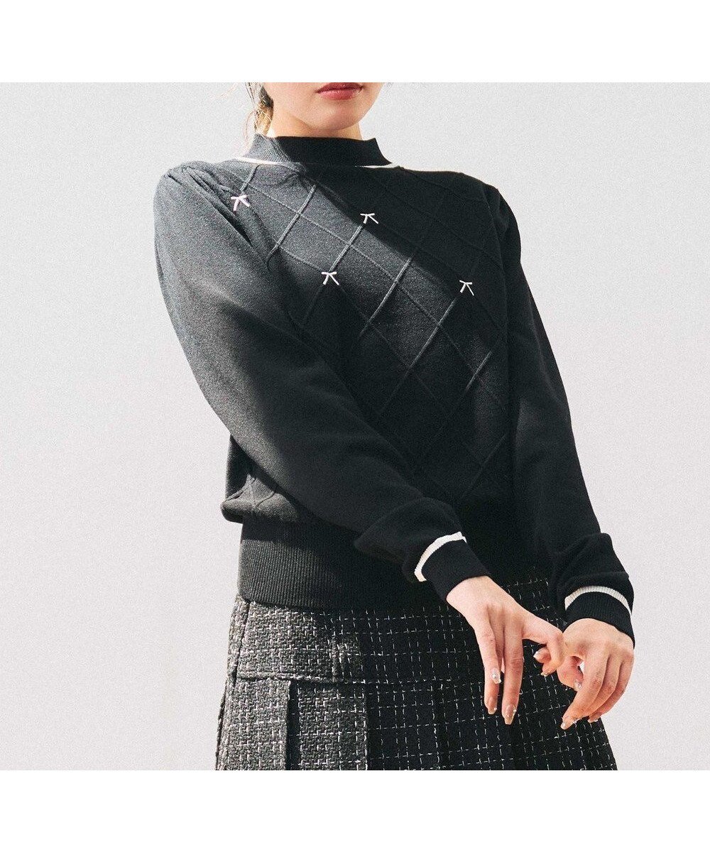 【フェルゥ/Feroux】のリボン刺繍ダイア柄 ニット インテリア・キッズ・メンズ・レディースファッション・服の通販 founy(ファニー) 　ファッション　Fashion　レディースファッション　Fashion for Women　トップス・カットソー　Cut & Sew Tops　ニット　Knit Tops & Sweaters　おすすめ　Recommended / Our Picks　アンサンブル　Ensemble Set　カーディガン　Cardigan, Knitwear　ガーリー　Girly, Feminine Style　セーター　Sweater, Knitwear　ハイネック　High Neck, Mock Neck　バランス　Balance, Style Balance　フェミニン　Feminine, Girly　モチーフ　Motif, Design Theme　リボン　Ribbon, Bow　ロング　Long, Long-Length　A/W・秋冬　Autumn/Winter　ブラック系|ID: prp329100004864258 ipo3291000000036200010