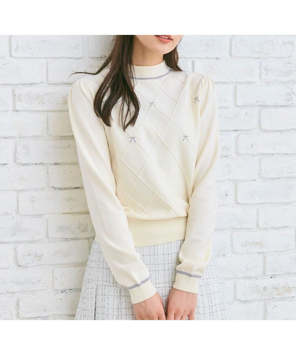 【フェルゥ/Feroux】のリボン刺繍ダイア柄 ニット インテリア・キッズ・メンズ・レディースファッション・服の通販 founy(ファニー) 　ファッション　Fashion　レディースファッション　Fashion for Women　トップス・カットソー　Cut & Sew Tops　ニット　Knit Tops & Sweaters　おすすめ　Recommended / Our Picks　アンサンブル　Ensemble Set　カーディガン　Cardigan, Knitwear　ガーリー　Girly, Feminine Style　セーター　Sweater, Knitwear　ハイネック　High Neck, Mock Neck　バランス　Balance, Style Balance　フェミニン　Feminine, Girly　モチーフ　Motif, Design Theme　リボン　Ribbon, Bow　ロング　Long, Long-Length　A/W・秋冬　Autumn/Winter　スカイブルー系|ID: prp329100004864258 ipo3291000000036200013