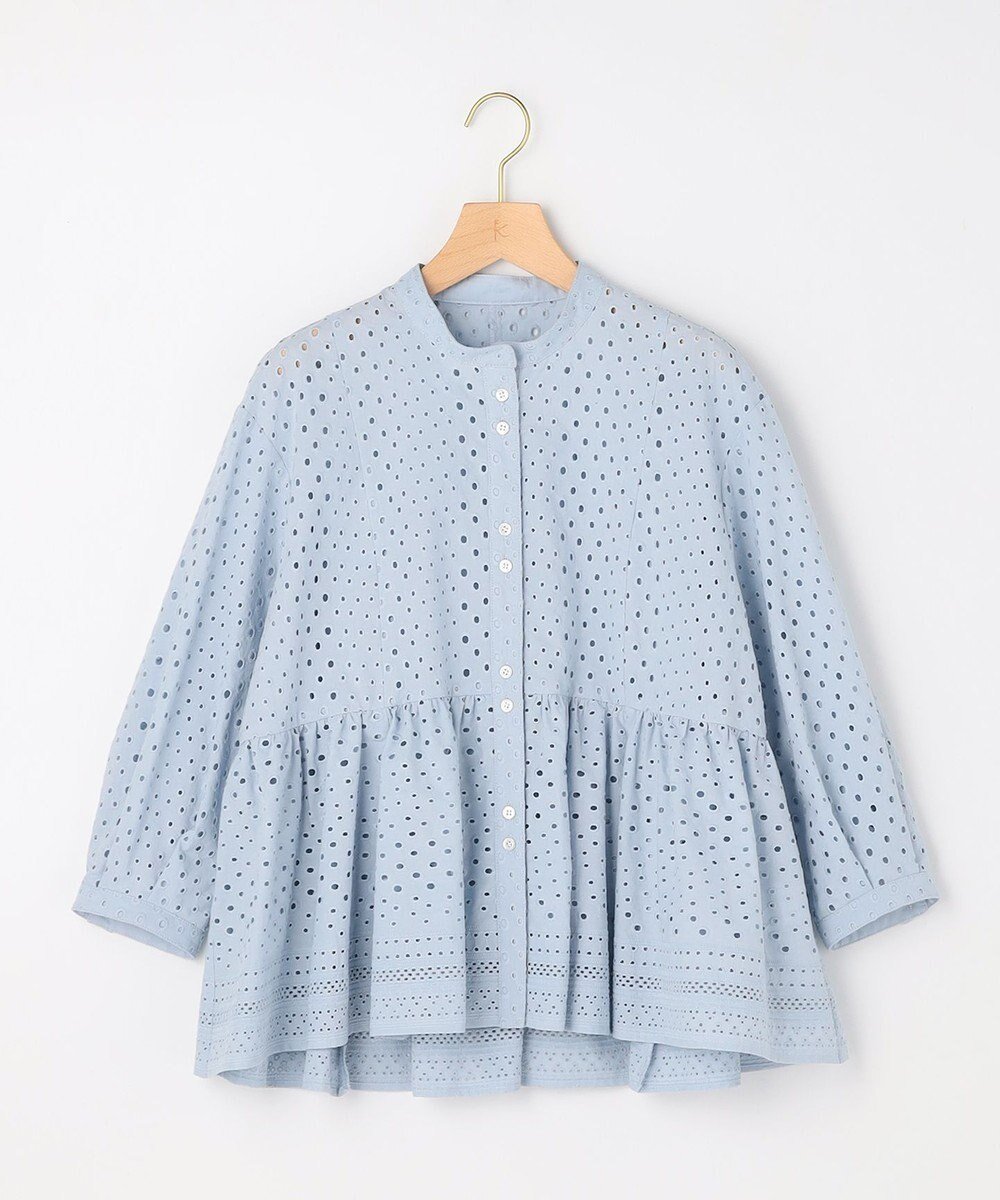 【組曲/KUMIKYOKU】の【先行予約】エンブロイダリーレーススタンドネック ブラウス インテリア・キッズ・メンズ・レディースファッション・服の通販 founy(ファニー) 　ファッション　Fashion　レディースファッション　Fashion for Women　トップス・カットソー　Cut & Sew Tops　シャツ・ブラウス・オフィスカジュアル　Elegant Blouses & Button-Ups　アイレット　Eyelet Lace　春　Spring　ギャザー　Gathered, Ruffled　スキッパー　Skipper, Open Collar　ノースリーブ　Sleeveless, No-Sleeve　ボーダー　Border, Stripe　羽織　Haori, Light Jacket　レース　Lace, Lace Fabric　S/S・春夏　SS, Spring/Summer, Warm Season　夏　Summer　クラウディブルー系|ID: prp329100004864388 ipo3291000000036202246