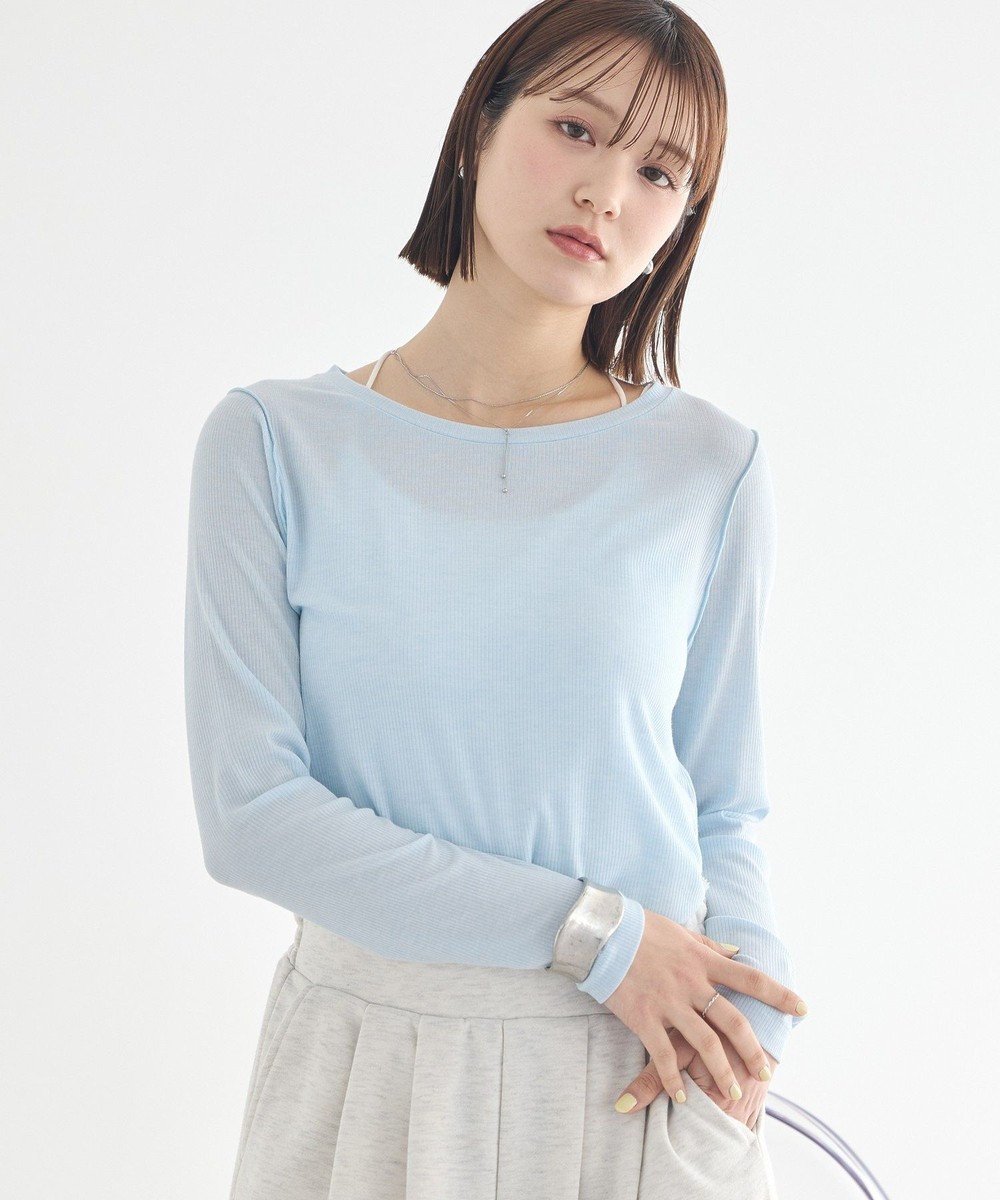 【アースミュージックアンドエコロジー/earth music&ecology】の微シアーメロープルオーバー インテリア・キッズ・メンズ・レディースファッション・服の通販 founy(ファニー) 　ファッション　Fashion　レディースファッション　Fashion for Women　トップス・カットソー　Cut & Sew Tops　シャツ・ブラウス・オフィスカジュアル　Elegant Blouses & Button-Ups　ロングTシャツ・Tシャツ　Longline T-Shirts & Tees　カジュアルプルオーバー・ニットトップス　Pullovers & Knit Tops / Casual Pullovers　カットソー・ベーシックTシャツ　Cut-and-Sewn Tops / Stretch Tees & Basics　インナー　Innerwear　春　Spring　カットソー　Cut and Sewn Top　サロペット　Overalls, Salopette　シアー　Sheer, See-Through　シンプル　Simple, Minimal　デニム　Denim, Jeans Material　ポケット　Pocket, Pocket Detail　S/S・春夏　SS, Spring/Summer, Warm Season　夏　Summer　Light Blue|ID: prp329100004864478 ipo3291000000036203579