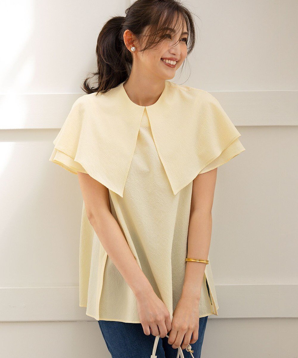 【組曲/KUMIKYOKU】のサッカーストレッチ 襟付きブラウス インテリア・キッズ・メンズ・レディースファッション・服の通販 founy(ファニー) 　ファッション　Fashion　レディースファッション　Fashion for Women　トップス・カットソー　Cut & Sew Tops　シャツ・ブラウス・オフィスカジュアル　Elegant Blouses & Button-Ups　春　Spring　ギンガム　Gingham, Gingham Fabric　サッカー　Seersucker, Summer Fabric　ストレッチ　Stretch, Stretchy Fabric　スリット　Slit, Slit Detail　パターン　Pattern, Design Print　フリル　Frill, Ruffle　フロント　Front, Front Design　ボトム　Bottoms, Lower Wear　S/S・春夏　SS, Spring/Summer, Warm Season　夏　Summer　シェルイエロー系|ID: prp329100004866160 ipo3291000000036224019