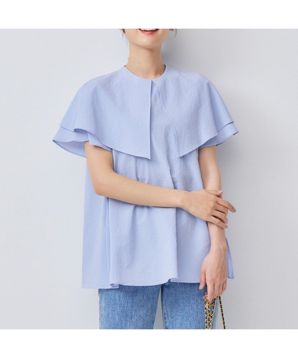 【組曲/KUMIKYOKU】のサッカーストレッチ 襟付きブラウス インテリア・キッズ・メンズ・レディースファッション・服の通販 founy(ファニー) 　ファッション　Fashion　レディースファッション　Fashion for Women　トップス・カットソー　Cut & Sew Tops　シャツ・ブラウス・オフィスカジュアル　Elegant Blouses & Button-Ups　春　Spring　ギンガム　Gingham, Gingham Fabric　サッカー　Seersucker, Summer Fabric　ストレッチ　Stretch, Stretchy Fabric　スリット　Slit, Slit Detail　パターン　Pattern, Design Print　フリル　Frill, Ruffle　フロント　Front, Front Design　ボトム　Bottoms, Lower Wear　S/S・春夏　SS, Spring/Summer, Warm Season　夏　Summer　サックスブルー系|ID: prp329100004866160 ipo3291000000036224021