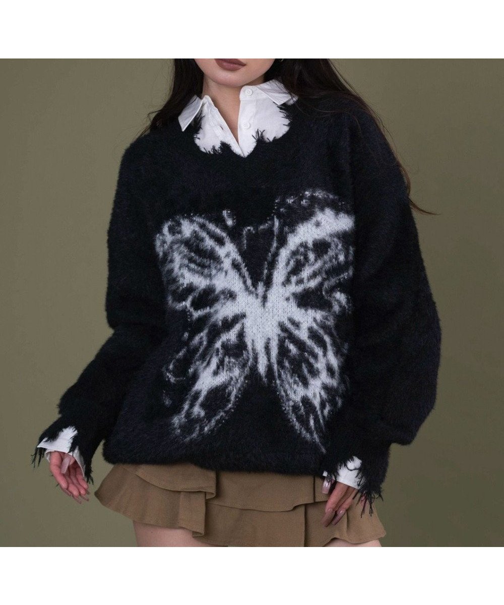 【ウィゴー/WEGO】のバタフライダメージニット インテリア・キッズ・メンズ・レディースファッション・服の通販 founy(ファニー) 　ファッション　Fashion　レディースファッション　Fashion for Women　トップス・カットソー　Cut & Sew Tops　ニット　Knit Tops & Sweaters　春　Spring　秋　Autumn　ガーリー　Girly, Feminine Style　スマホ　Smartphone, Mobile Device　セーター　Sweater, Knitwear　ダメージ　Distressed, Destroyed　デコルテ　Décolleté, Neckline　トレンド　Trend, Trending Now　バタフライ　Butterfly, Butterfly Motif　ミニスカート　Mini Skirt, Short Skirt　モチーフ　Motif, Design Theme　ルーズ　Loose, Oversized　冬　Winter / This Winter　A/W・秋冬　Autumn/Winter　夏　Summer　ブラック|ID: prp329100004866170 ipo3291000000036224163