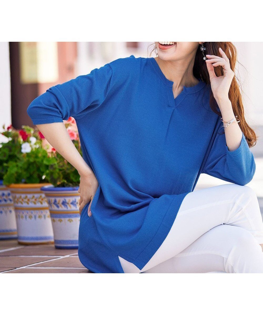 【ティアクラッセ/Tiaclasse】の【洗える】キーネックニットチュニック インテリア・キッズ・メンズ・レディースファッション・服の通販 founy(ファニー) 　ファッション　Fashion　レディースファッション　Fashion for Women　トップス・カットソー　Cut & Sew Tops　ニット　Knit Tops & Sweaters　サマー　Summer, Summer Style　シンプル　Simple, Minimal　セーター　Sweater, Knitwear　チュニック　Tunic, Long Top　フィット　Fit, Slim Fit　夏　Summer　春　Spring　S/S・春夏　SS, Spring/Summer, Warm Season　洗える　Machine Washable　ブルー|ID: prp329100004866496 ipo3291000000036243411