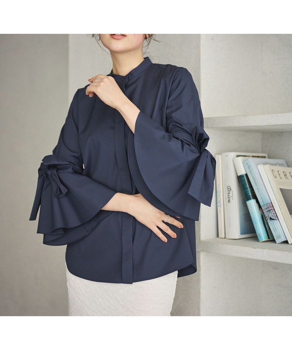 【ハッシュニュアンス/#Newans】の【洗濯機可能/シワになりにくい】リボンカフスブラウス インテリア・キッズ・メンズ・レディースファッション・服の通販 founy(ファニー) 　ファッション　Fashion　レディースファッション　Fashion for Women　トップス・カットソー　Cut & Sew Tops　シャツ・ブラウス・オフィスカジュアル　Elegant Blouses & Button-Ups　新作・新入荷　New Arrivals / New In　エレガント 上品　Elegant　カフス　Cuff Design　コンパクト　Compact, Small Size　フレア　Flare, Flared　リボン　Ribbon, Bow　夏　Summer　春　Spring　S/S・春夏　SS, Spring/Summer, Warm Season　洗える　Machine Washable　ネイビー|ID: prp329100004866512 ipo3291000000036243825