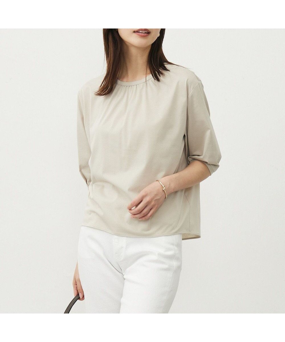 【ジェイ プレス/J.PRESS】の【洗える】ブラウスライクジャージー カットソー インテリア・キッズ・メンズ・レディースファッション・服の通販 founy(ファニー) 　ファッション　Fashion　レディースファッション　Fashion for Women　トップス・カットソー　Cut & Sew Tops　シャツ・ブラウス・オフィスカジュアル　Elegant Blouses & Button-Ups　ロングTシャツ・Tシャツ　Longline T-Shirts & Tees　カットソー・ベーシックTシャツ　Cut-and-Sewn Tops / Stretch Tees & Basics　カットソー　Cut and Sewn Top　ギャザー　Gathered, Ruffled　フィット　Fit, Slim Fit　夏　Summer　春　Spring　S/S・春夏　SS, Spring/Summer, Warm Season　洗える　Machine Washable　グレージュ系|ID: prp329100004866820 ipo3291000000036250350