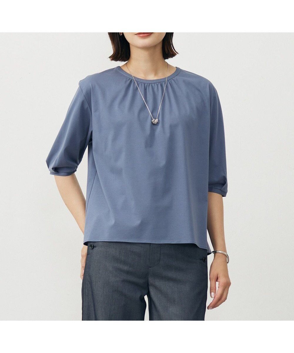 【ジェイ プレス/J.PRESS】の【洗える】ブラウスライクジャージー カットソー インテリア・キッズ・メンズ・レディースファッション・服の通販 founy(ファニー) 　ファッション　Fashion　レディースファッション　Fashion for Women　トップス・カットソー　Cut & Sew Tops　シャツ・ブラウス・オフィスカジュアル　Elegant Blouses & Button-Ups　ロングTシャツ・Tシャツ　Longline T-Shirts & Tees　カットソー・ベーシックTシャツ　Cut-and-Sewn Tops / Stretch Tees & Basics　カットソー　Cut and Sewn Top　ギャザー　Gathered, Ruffled　フィット　Fit, Slim Fit　夏　Summer　春　Spring　S/S・春夏　SS, Spring/Summer, Warm Season　洗える　Machine Washable　ダルブルー系|ID: prp329100004866820 ipo3291000000036250352