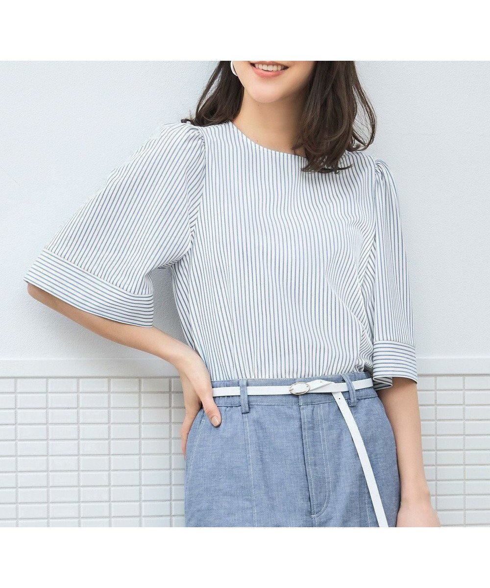 【自由区/JIYU-KU】の【接触冷感・UVカット・洗える】ストライプコットンハイゲージフレアスリーブ カットソー インテリア・キッズ・メンズ・レディースファッション・服の通販 founy(ファニー) ファッション Fashion レディースファッション Fashion for Women トップス・カットソー Cut & Sew Tops シャツ・ブラウス・オフィスカジュアル Elegant Blouses & Button-Ups ロングTシャツ・Tシャツ Longline T-Shirts & Tees カットソー・ベーシックTシャツ Cut-and-Sewn Tops / Stretch Tees & Basics カットソー Cut and Sewn Top コンパクト Compact, Small Size ストライプ Stripe, Striped Pattern ツイスト Tweed, Tweed Fabric ボックス Boxy, Box Shape ボトム Bottoms, Lower Wear ボーダー Border, Stripe 夏 Summer 春 Spring S/S・春夏 SS, Spring/Summer, Warm Season 洗える Machine Washable オフ×ブルーグレー|ID: prp329100004867006 ipo3291000000036254476