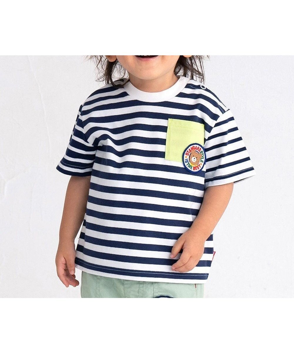 【ミキハウスホットビスケッツ/MIKI HOUSE HOT BISCUITS / KIDS】の【80-120cm】 ポケット付き 先染め ボーダー柄 半袖Tシャツ インテリア・キッズ・メンズ・レディースファッション・服の通販 founy(ファニー) 　ファッション　Fashion　キッズファッション　Fashion for Kids　トップス・カットソー　Cut & Sew Tops　カットソー　Cut and Sewn Top　シンプル　Simple, Minimal　ボーダー　Border, Stripe　ポケット　Pocket, Pocket Detail　半袖　Short Sleeve, Half Sleeve　夏　Summer　定番　Standard, Basic Item　春　Spring　S/S・春夏　SS, Spring/Summer, Warm Season　紺|ID: prp329100004867029 ipo3291000000036254583