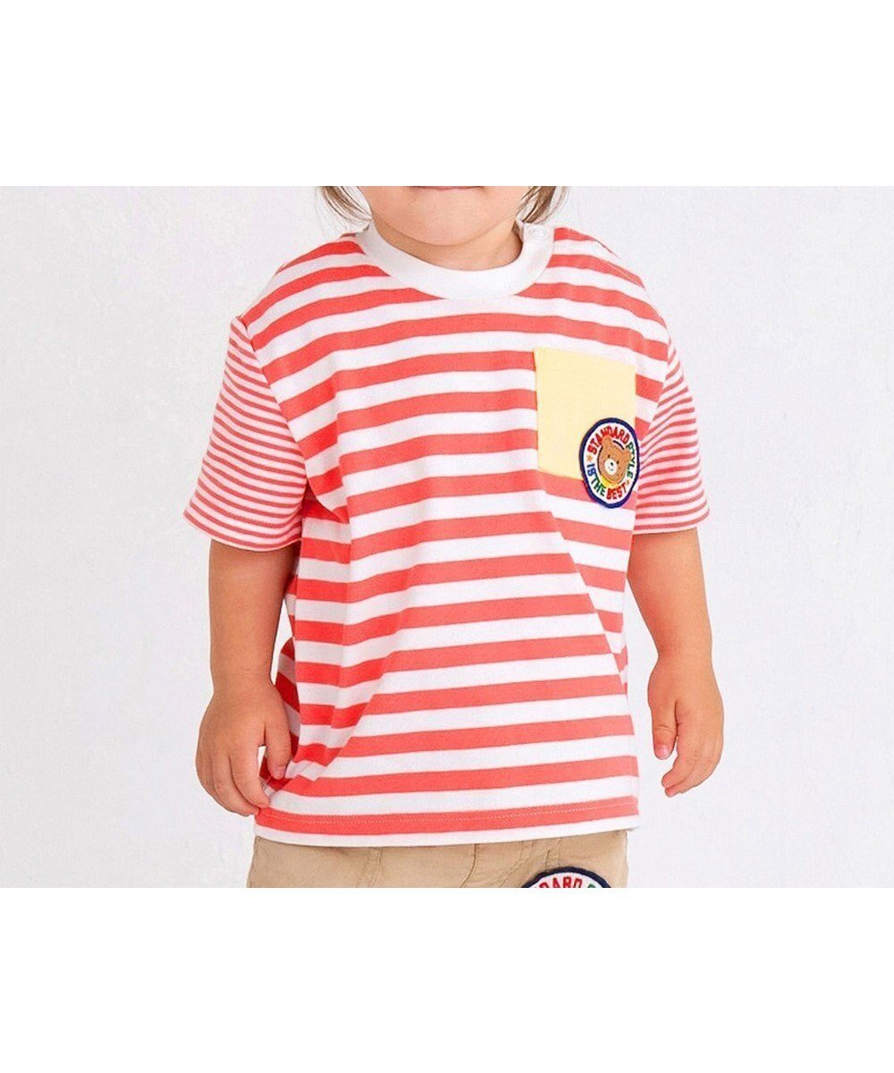 【ミキハウスホットビスケッツ/MIKI HOUSE HOT BISCUITS / KIDS】の【80-120cm】 ポケット付き 先染め ボーダー柄 半袖Tシャツ インテリア・キッズ・メンズ・レディースファッション・服の通販 founy(ファニー) 　ファッション　Fashion　キッズファッション　Fashion for Kids　トップス・カットソー　Cut & Sew Tops　カットソー　Cut and Sewn Top　シンプル　Simple, Minimal　ボーダー　Border, Stripe　ポケット　Pocket, Pocket Detail　半袖　Short Sleeve, Half Sleeve　夏　Summer　定番　Standard, Basic Item　春　Spring　S/S・春夏　SS, Spring/Summer, Warm Season　コーラルピンク|ID: prp329100004867029 ipo3291000000036254584