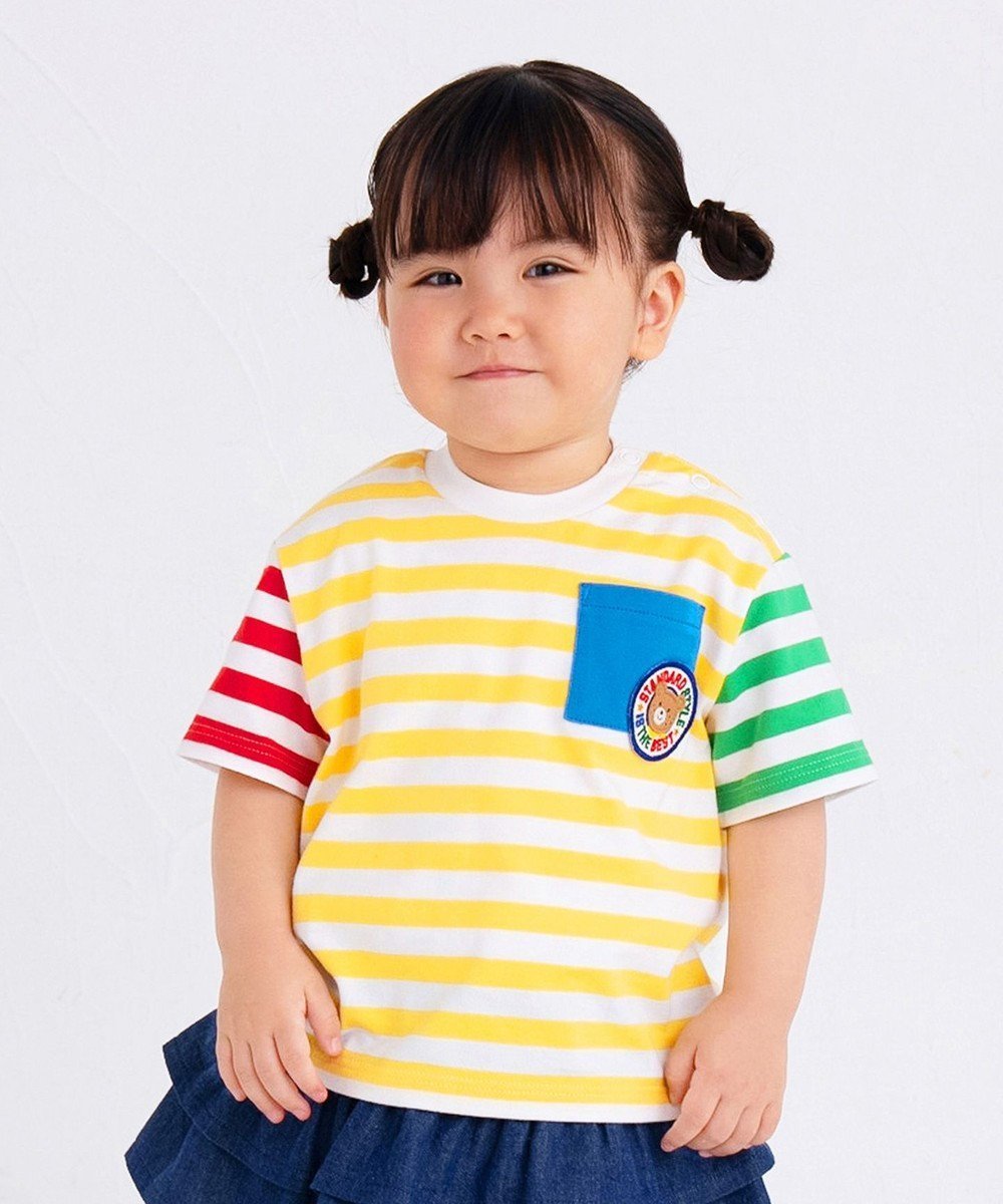 【ミキハウスホットビスケッツ/MIKI HOUSE HOT BISCUITS / KIDS】の【80-120cm】 ポケット付き 先染め ボーダー柄 半袖Tシャツ インテリア・キッズ・メンズ・レディースファッション・服の通販 founy(ファニー) 　ファッション　Fashion　キッズファッション　Fashion for Kids　トップス・カットソー　Cut & Sew Tops　カットソー　Cut and Sewn Top　シンプル　Simple, Minimal　ボーダー　Border, Stripe　ポケット　Pocket, Pocket Detail　半袖　Short Sleeve, Half Sleeve　夏　Summer　定番　Standard, Basic Item　春　Spring　S/S・春夏　SS, Spring/Summer, Warm Season　マルチカラー|ID: prp329100004867029 ipo3291000000036254585