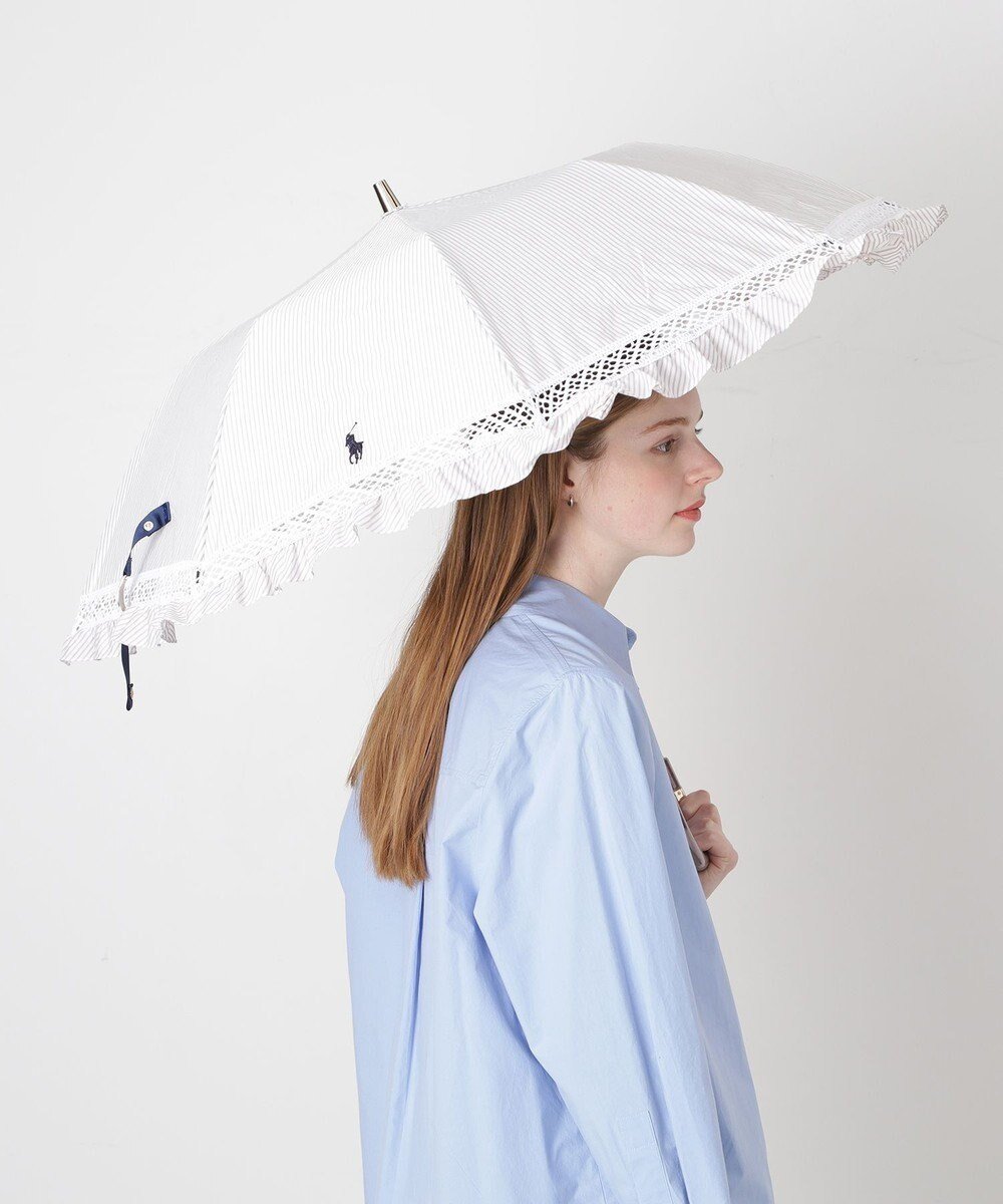 【ムーンバット/MOONBAT】の【遮光/晴雨兼用日傘】POLO RALPH LAUREN(ポロラルフローレン)折りたたみ日傘 ストライプフリル 遮熱 遮光 UV 人気、トレンドファッション・服の通販 founy(ファニー) 　ファッション　Fashion　レディースファッション　Fashion for Women　レイングッズ・傘・晴雨兼用傘　Umbrellas & Rain Gear　アイビー　Ivy Pattern　コンパクト　Compact, Small Size　傘　Umbrella, Parasol　ストライプ　Stripe, Striped Pattern　トレンド　Trend, Trending Now　ニューヨーク　New York, NYC Style　ハンド　Hand, Handmade　フリル　Frill, Ruffle　日傘　Parasol, UV Umbrella　レース　Lace, Lace Fabric　おすすめ　Recommended / Our Picks　旅行　Travel　 other-1|ID: prp329100004867124 ipo3291000000036255347