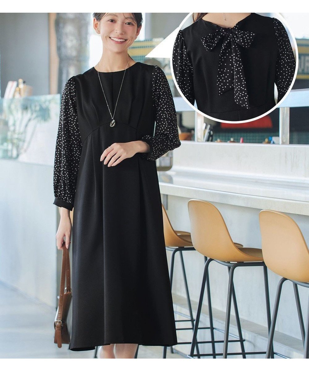 【ティアクラッセ/Tiaclasse】のドット柄コンビバックリボンタックワンピース インテリア・キッズ・メンズ・レディースファッション・服の通販 founy(ファニー) 　ファッション　Fashion　レディースファッション　Fashion for Women　ワンピース　Dresses　ウォッシャブル　Machine Washable　春　Spring　洗える　Machine Washable　秋　Autumn　コンビ　Combo, Combination Style　スリーブ　Sleeve, Long Sleeve / Short Sleeve　ドッキング　Docking, Mixed Material　ドット　Polka Dot, Dot Pattern　長袖　Long Sleeve, Full Sleeve　バランス　Balance, Style Balance　フェミニン　Feminine, Girly　フレア　Flare, Flared　ポケット　Pocket, Pocket Detail　無地　Plain, Solid Color　ラウンド　Round, Round Neck　リボン　Ribbon, Bow　ロング　Long, Long-Length　楽ちん　Easy Fit, Comfortable　S/S・春夏　SS, Spring/Summer, Warm Season　夏　Summer　エレガント 上品　Elegant　ビジネス 仕事 通勤　Business / Work / Commuting　ブラック|ID: prp329100004867251 ipo3291000000036256264