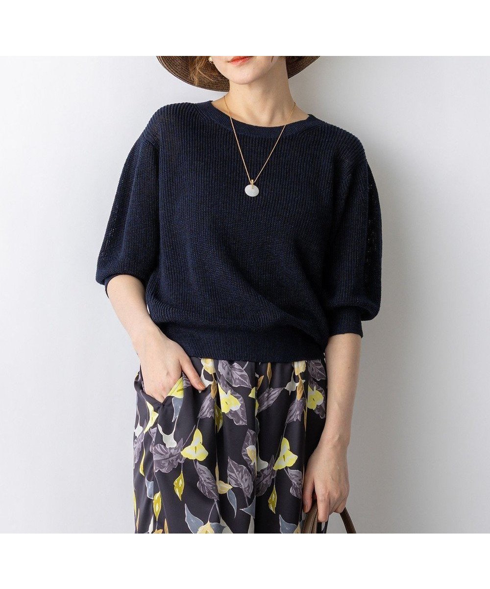【23区/NIJYUSANKU】の【先行予約】ピュアリネン パフスリーブ ニット インテリア・キッズ・メンズ・レディースファッション・服の通販 founy(ファニー) 　ファッション　Fashion　レディースファッション　Fashion for Women　トップス・カットソー　Cut & Sew Tops　ニット　Knit Tops & Sweaters　春　Spring　畦　Ribbed Knit　コンパクト　Compact, Small Size　スキッパー　Skipper, Open Collar　スリーブ　Sleeve, Long Sleeve / Short Sleeve　セーター　Sweater, Knitwear　デコルテ　Décolleté, Neckline　デニム　Denim, Jeans Material　フェミニン　Feminine, Girly　リネン　Linen, Linen Fabric　S/S・春夏　SS, Spring/Summer, Warm Season　夏　Summer　エレガント 上品　Elegant　2026年　2026　ネイビー系|ID: prp329100004867708 ipo3291000000036262200