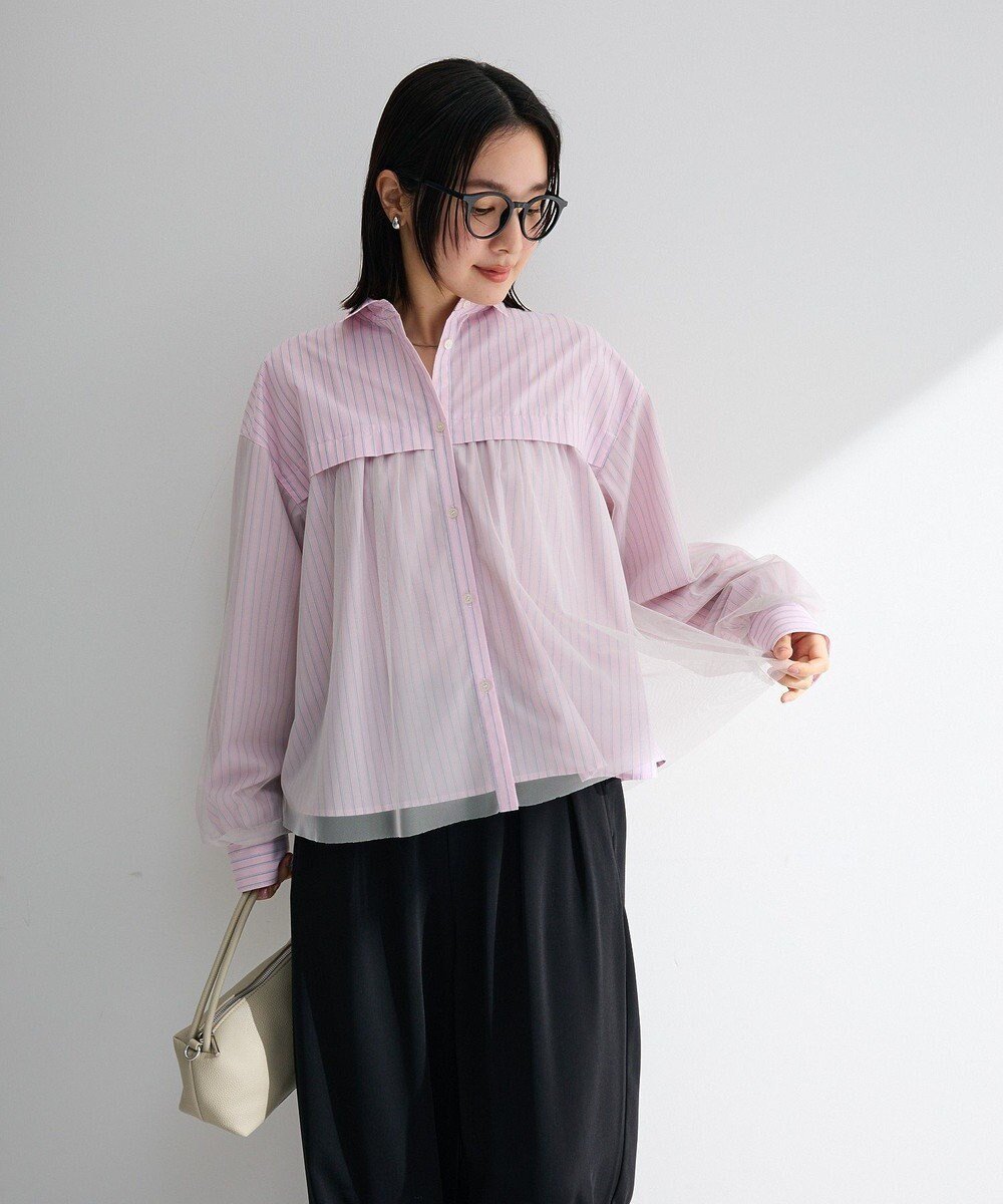 【グリーンパークス/Green Parks】のイージーケアチュールドッキングシャツ インテリア・キッズ・メンズ・レディースファッション・服の通販 founy(ファニー) 　ファッション　Fashion　レディースファッション　Fashion for Women　トップス・カットソー　Cut & Sew Tops　シャツ・ブラウス・オフィスカジュアル　Elegant Blouses & Button-Ups　チュール　Tulip, Tulip Motif　トレンド　Trend, Trending Now　ドッキング　Docking, Mixed Material　バランス　Balance, Style Balance　ポケット　Pocket, Pocket Detail　エレガント 上品　Elegant　夏　Summer　春　Spring　S/S・春夏　SS, Spring/Summer, Warm Season　Pink|ID: prp329100004868207 ipo3291000000036272836