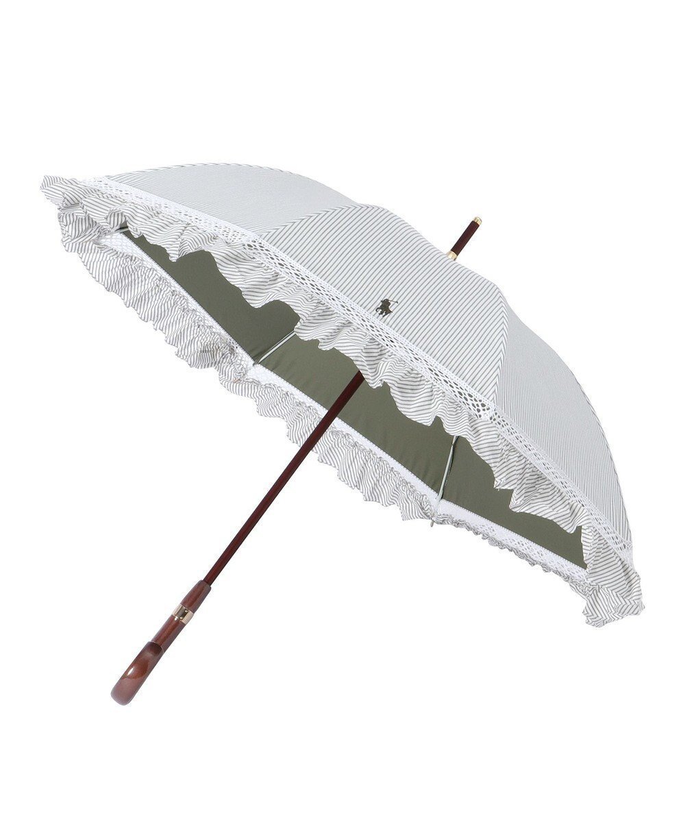 【ムーンバット/MOONBAT】の【遮光/晴雨兼用】POLO RALPH LAUREN (ポロラルフローレン) 長傘 晴雨兼用日傘 ストライプフリル 遮光 遮熱 UV インテリア・キッズ・メンズ・レディースファッション・服の通販 founy(ファニー) 　ファッション　Fashion　レディースファッション　Fashion for Women　レイングッズ・傘・晴雨兼用傘　Umbrellas & Rain Gear　アイビー　Ivy Pattern　傘　Umbrella, Parasol　ストライプ　Stripe, Striped Pattern　トレンド　Trend, Trending Now　ニューヨーク　New York, NYC Style　フリル　Frill, Ruffle　日傘　Parasol, UV Umbrella　レース　Lace, Lace Fabric　おすすめ　Recommended / Our Picks　カーキー|ID: prp329100004868231 ipo3291000000036272928