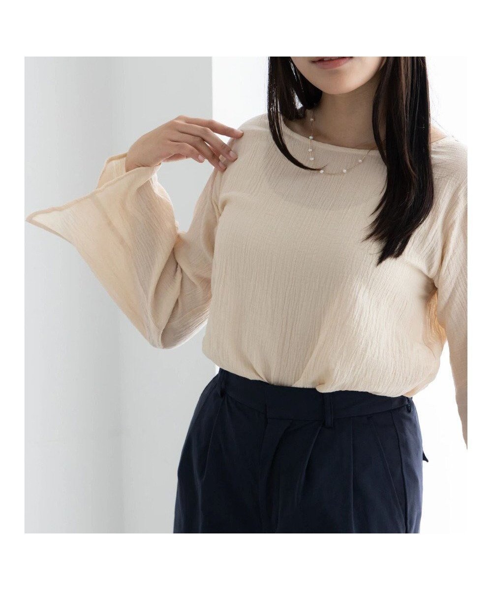 【テチチ/Te chichi】のクレープフレアスリーブブラウス【AOYAMA FASHION ASSOCIATION × Te chichi】 インテリア・キッズ・メンズ・レディースファッション・服の通販 founy(ファニー) 　ファッション　Fashion　レディースファッション　Fashion for Women　トップス・カットソー　Cut & Sew Tops　シャツ・ブラウス・オフィスカジュアル　Elegant Blouses & Button-Ups　おすすめ　Recommended / Our Picks　サークル　Circle, Round Design　シンプル　Simple, Minimal　スリーブ　Sleeve, Long Sleeve / Short Sleeve　ダウン　Down, Puffer　デニム　Denim, Jeans Material　フレア　Flare, Flared　夏　Summer　S/S・春夏　SS, Spring/Summer, Warm Season　A/W・秋冬　Autumn/Winter　オレンジ|ID: prp329100004868251 ipo3291000000036273003