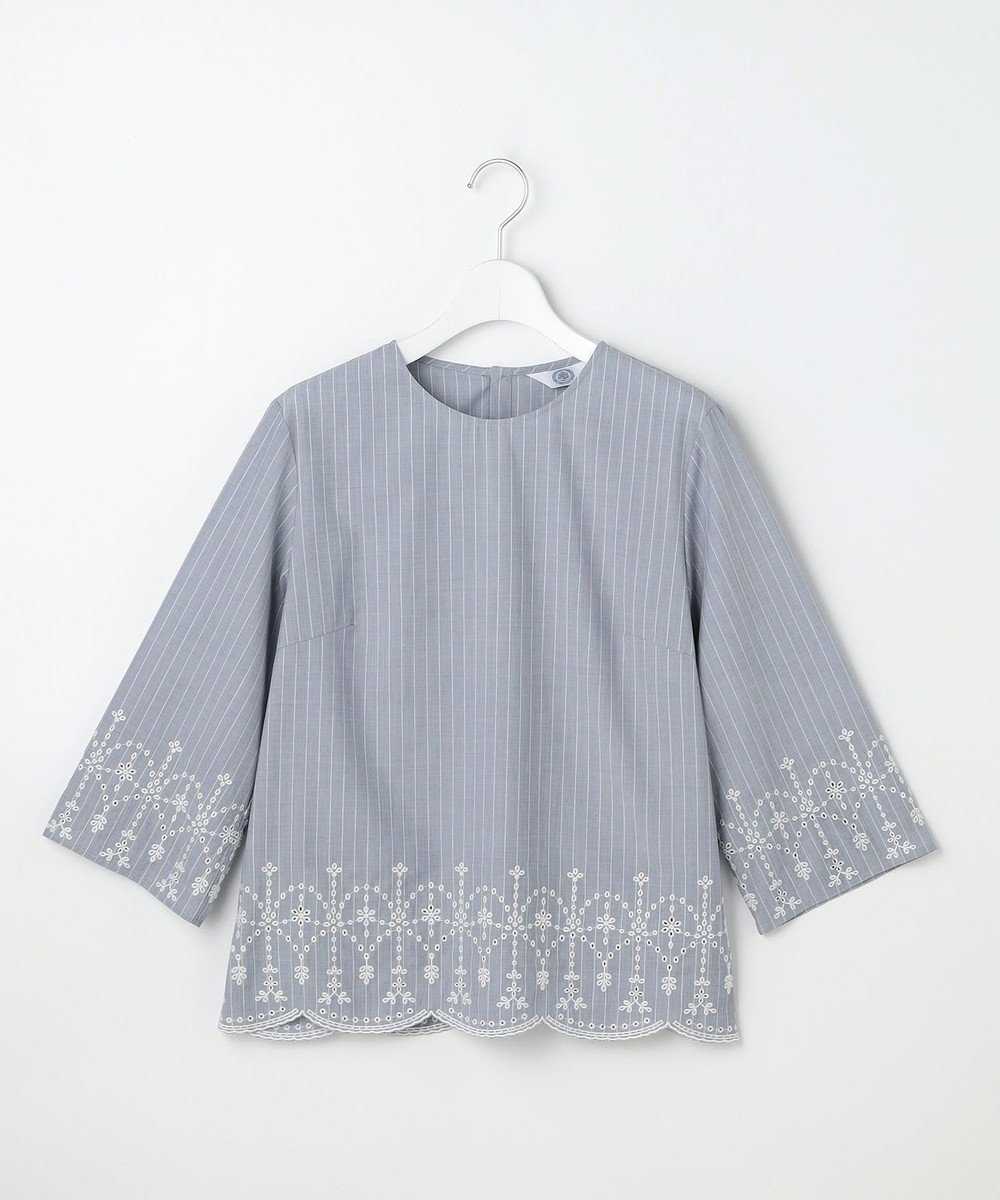 【ジェイ プレス/J.PRESS】のストライプ×エンブロイダリー クルーネック ブラウス インテリア・キッズ・メンズ・レディースファッション・服の通販 founy(ファニー) 　ファッション　Fashion　レディースファッション　Fashion for Women　トップス・カットソー　Cut & Sew Tops　シャツ・ブラウス・オフィスカジュアル　Elegant Blouses & Button-Ups　イエロー　Yellow　エンブロイダリー　Embroidery Design　ストライプ　Stripe, Striped Pattern　レース　Lace, Lace Fabric　エレガント 上品　Elegant　夏　Summer　春　Spring　S/S・春夏　SS, Spring/Summer, Warm Season　ネイビー×ホワイト系|ID: prp329100004868267 ipo3291000000036273063