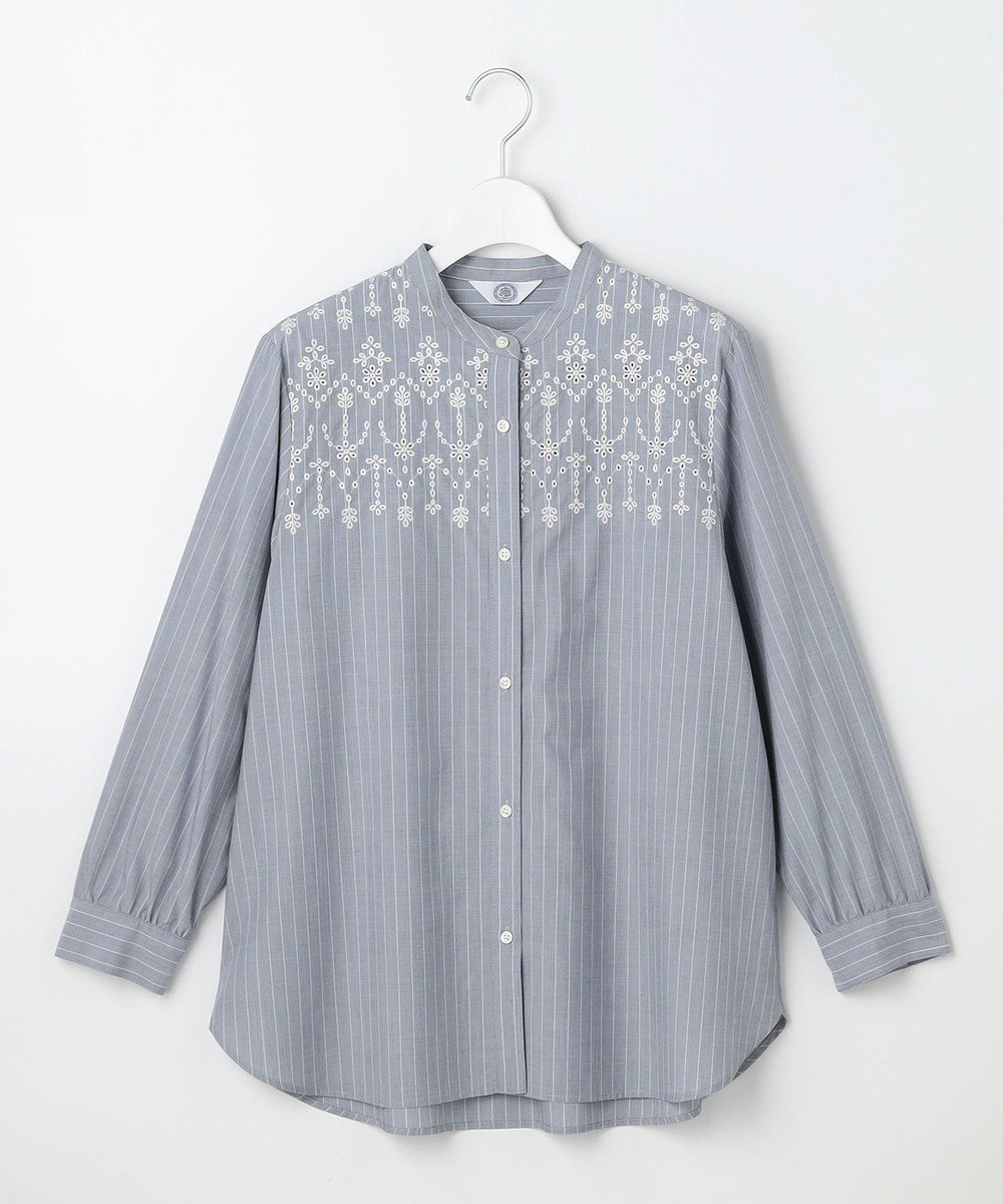 【ジェイ プレス/J.PRESS】のストライプ×エンブロイダリー バンドカラー ブラウス インテリア・キッズ・メンズ・レディースファッション・服の通販 founy(ファニー) 　ファッション　Fashion　レディースファッション　Fashion for Women　トップス・カットソー　Cut & Sew Tops　シャツ・ブラウス・オフィスカジュアル　Elegant Blouses & Button-Ups　イエロー　Yellow　エンブロイダリー　Embroidery Design　ストライプ　Stripe, Striped Pattern　レース　Lace, Lace Fabric　エレガント 上品　Elegant　夏　Summer　春　Spring　S/S・春夏　SS, Spring/Summer, Warm Season　ネイビー×ホワイト系|ID: prp329100004868273 ipo3291000000036273083