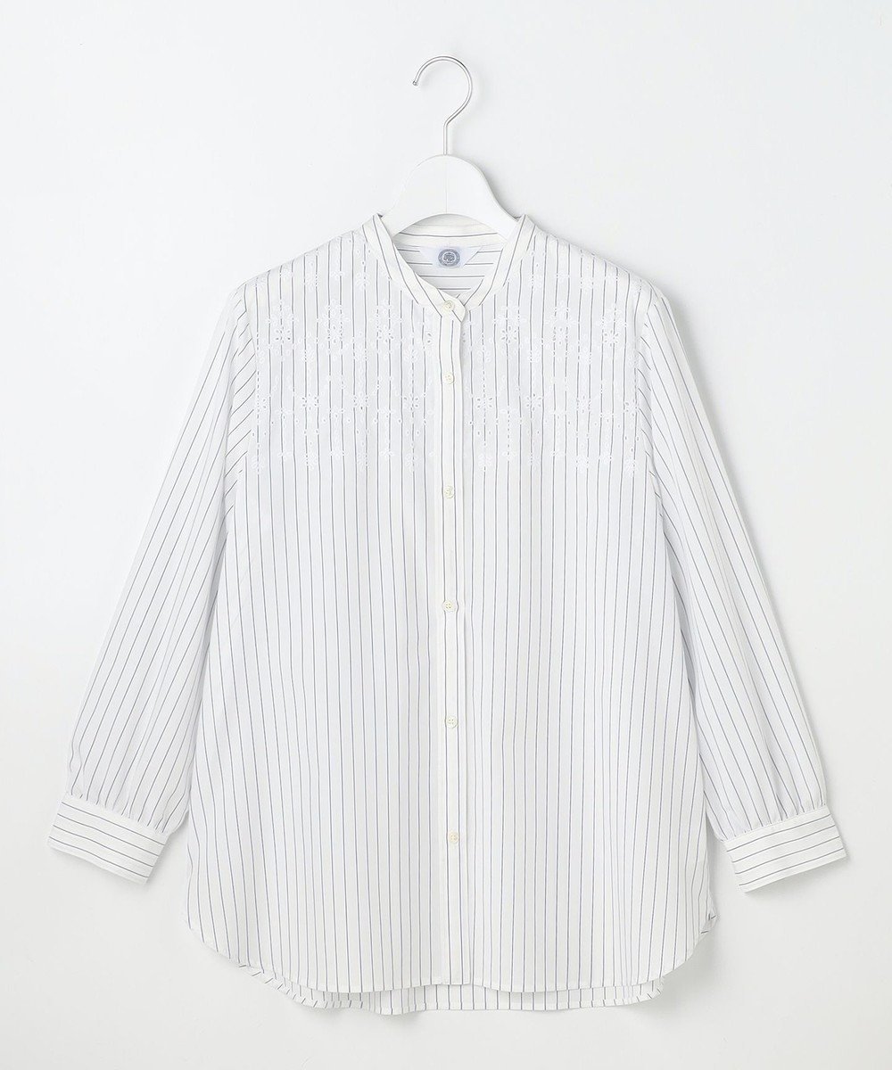 【ジェイ プレス/J.PRESS】のストライプ×エンブロイダリー バンドカラー ブラウス インテリア・キッズ・メンズ・レディースファッション・服の通販 founy(ファニー) 　ファッション　Fashion　レディースファッション　Fashion for Women　トップス・カットソー　Cut & Sew Tops　シャツ・ブラウス・オフィスカジュアル　Elegant Blouses & Button-Ups　イエロー　Yellow　エンブロイダリー　Embroidery Design　ストライプ　Stripe, Striped Pattern　レース　Lace, Lace Fabric　エレガント 上品　Elegant　夏　Summer　春　Spring　S/S・春夏　SS, Spring/Summer, Warm Season　ホワイト×ネイビー系|ID: prp329100004868273 ipo3291000000036273084