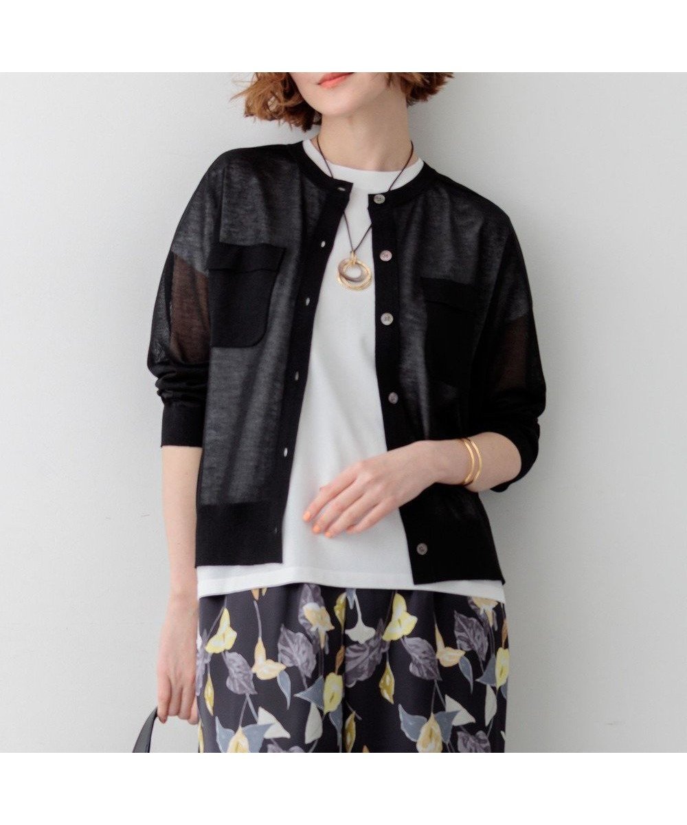 【23区/NIJYUSANKU】の【先行予約/WEB 一部店舗限定カラーあり】シャイニーシアー フラップポケット カーディガン インテリア・キッズ・メンズ・レディースファッション・服の通販 founy(ファニー) 　ファッション　Fashion　レディースファッション　Fashion for Women　トップス・カットソー　Cut & Sew Tops　カーディガン・羽織り　Layered Style Cardigans　春　Spring　カーディガン　Cardigan, Knitwear　コンパクト　Compact, Small Size　シアー　Sheer, See-Through　デニム　Denim, Jeans Material　人気　Popular, Best Seller　フェミニン　Feminine, Girly　フラップ　Flap, Flap Pocket　フレア　Flare, Flared　ポケット　Pocket, Pocket Detail　ヨーク　Yoke, Yoke Design　ワイド　Wide, Wide Fit　S/S・春夏　SS, Spring/Summer, Warm Season　夏　Summer　旅行　Travel　エレガント 上品　Elegant　2026年　2026　ブラック系|ID: prp329100004868284 ipo3291000000036273125