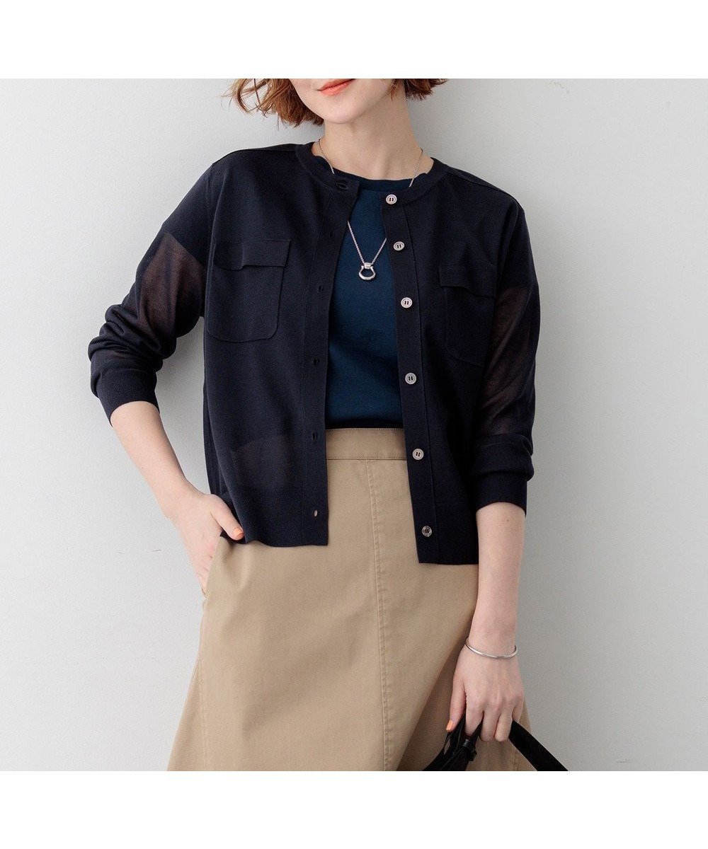 【23区/NIJYUSANKU】の【先行予約/WEB 一部店舗限定カラーあり】シャイニーシアー フラップポケット カーディガン インテリア・キッズ・メンズ・レディースファッション・服の通販 founy(ファニー) 　ファッション　Fashion　レディースファッション　Fashion for Women　トップス・カットソー　Cut & Sew Tops　カーディガン・羽織り　Layered Style Cardigans　春　Spring　カーディガン　Cardigan, Knitwear　コンパクト　Compact, Small Size　シアー　Sheer, See-Through　デニム　Denim, Jeans Material　人気　Popular, Best Seller　フェミニン　Feminine, Girly　フラップ　Flap, Flap Pocket　フレア　Flare, Flared　ポケット　Pocket, Pocket Detail　ヨーク　Yoke, Yoke Design　ワイド　Wide, Wide Fit　S/S・春夏　SS, Spring/Summer, Warm Season　夏　Summer　旅行　Travel　エレガント 上品　Elegant　2026年　2026　ネイビー系|ID: prp329100004868284 ipo3291000000036273127
