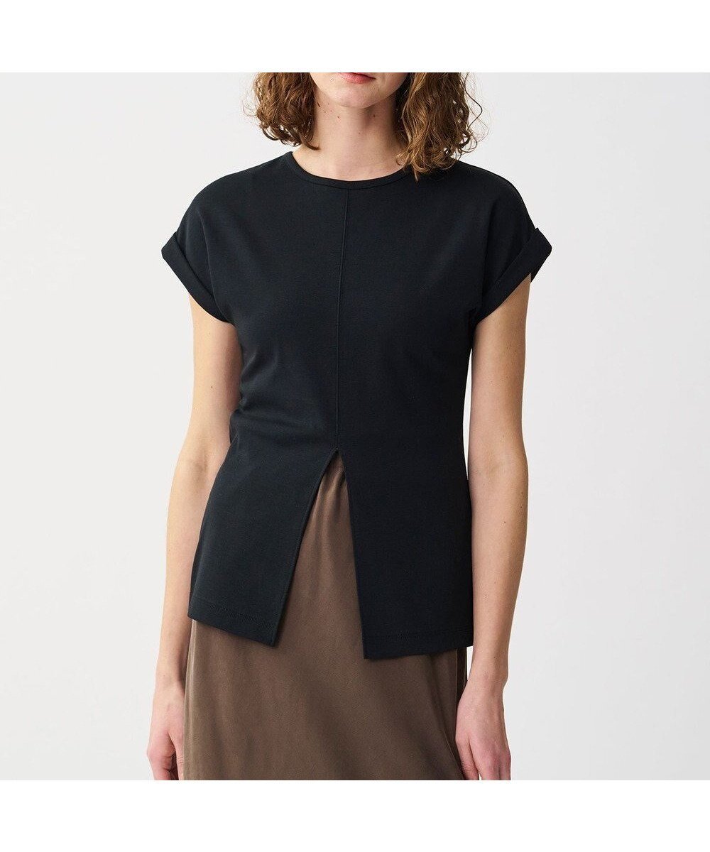 【アンクレイヴ/uncrave】のダブルフェイスジャージー 2WAYスリットトップス インテリア・キッズ・メンズ・レディースファッション・服の通販 founy(ファニー) 　ファッション　Fashion　レディースファッション　Fashion for Women　トップス・カットソー　Cut & Sew Tops　シャツ・ブラウス・オフィスカジュアル　Elegant Blouses & Button-Ups　ロングTシャツ・Tシャツ　Longline T-Shirts & Tees　カットソー・ベーシックTシャツ　Cut-and-Sewn Tops / Stretch Tees & Basics　春　Spring　カットソー　Cut and Sewn Top　シルケット　Silket, Silky Cotton　スリット　Slit, Slit Detail　スリーブ　Sleeve, Long Sleeve / Short Sleeve　タイトスカート　Pencil Skirt, Tight Skirt　フレンチ　French, French Style　ロールアップ　Roll-Up, Cuffed Hem　ワイド　Wide, Wide Fit　S/S・春夏　SS, Spring/Summer, Warm Season　夏　Summer　ブラック|ID: prp329100004868487 ipo3291000000036278538