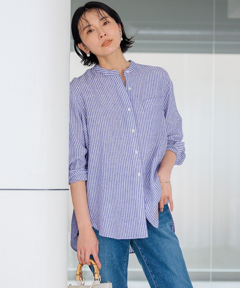 【23区/NIJYUSANKU】の【洗える】LIBECO バンドカラー シャツ インテリア・キッズ・メンズ・レディースファッション・服の通販 founy(ファニー) 　ファッション　Fashion　レディースファッション　Fashion for Women　トップス・カットソー　Cut & Sew Tops　シャツ・ブラウス・オフィスカジュアル　Elegant Blouses & Button-Ups　オレンジ　Orange　春　Spring　洗える　Machine Washable　カーディガン　Cardigan, Knitwear　ショルダー　Shoulder, Shoulder Strap　ストライプ　Stripe, Striped Pattern　ドロップ　Drop Shoulder, Dropped Style　フレア　Flare, Flared　ベーシック　Basic, Essential　無地　Plain, Solid Color　リネン　Linen, Linen Fabric　ロング　Long, Long-Length　S/S・春夏　SS, Spring/Summer, Warm Season　夏　Summer　2024年　2024　2024春夏・S/S　Spring/Summer 2024 SS24　ブルーストライプ|ID: prp329100004868588 ipo3291000000036279447