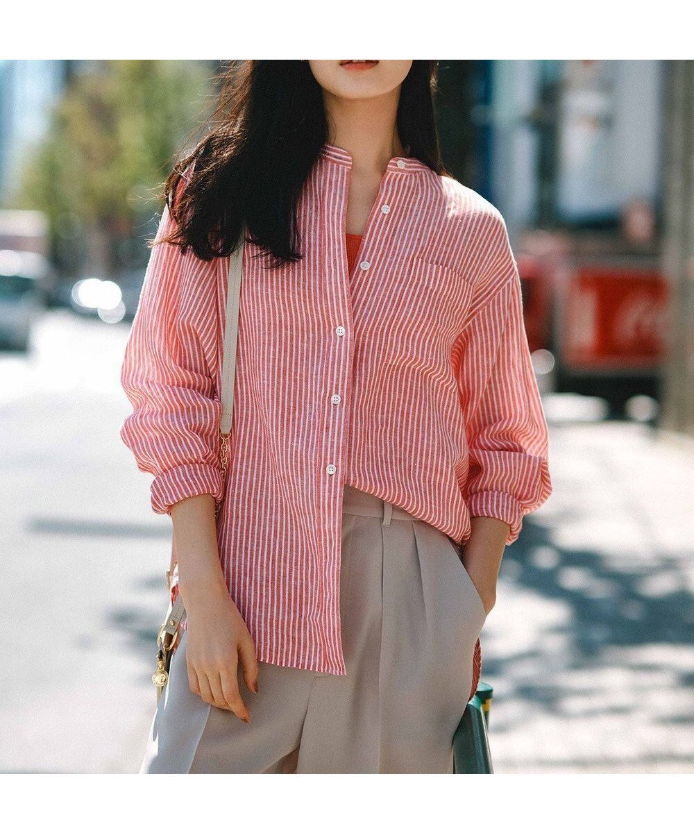 【23区/NIJYUSANKU】の【洗える】LIBECO バンドカラー シャツ インテリア・キッズ・メンズ・レディースファッション・服の通販 founy(ファニー) 　ファッション　Fashion　レディースファッション　Fashion for Women　トップス・カットソー　Cut & Sew Tops　シャツ・ブラウス・オフィスカジュアル　Elegant Blouses & Button-Ups　オレンジ　Orange　春　Spring　洗える　Machine Washable　カーディガン　Cardigan, Knitwear　ショルダー　Shoulder, Shoulder Strap　ストライプ　Stripe, Striped Pattern　ドロップ　Drop Shoulder, Dropped Style　フレア　Flare, Flared　ベーシック　Basic, Essential　無地　Plain, Solid Color　リネン　Linen, Linen Fabric　ロング　Long, Long-Length　S/S・春夏　SS, Spring/Summer, Warm Season　夏　Summer　2024年　2024　2024春夏・S/S　Spring/Summer 2024 SS24　オレンジストライプ|ID: prp329100004868588 ipo3291000000036279450