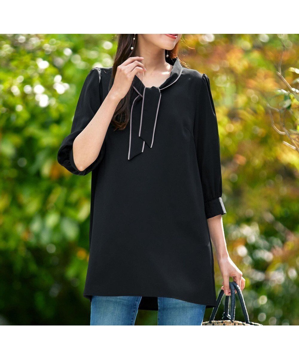 【ティアクラッセ/Tiaclasse】の【洗える】配色ボウタイパフ袖チュニックブラウス インテリア・キッズ・メンズ・レディースファッション・服の通販 founy(ファニー) 　ファッション　Fashion　レディースファッション　Fashion for Women　トップス・カットソー　Cut & Sew Tops　シャツ・ブラウス・オフィスカジュアル　Elegant Blouses & Button-Ups　ウォッシャブル　Machine Washable　春　Spring　洗える　Machine Washable　秋　Autumn　カーディガン　Cardigan, Knitwear　ギャザー　Gathered, Ruffled　ジョーゼット　Georgette, Semi-Sheer Fabric　スリーブ　Sleeve, Long Sleeve / Short Sleeve　チュニック　Tunic, Long Top　長袖　Long Sleeve, Full Sleeve　フェミニン　Feminine, Girly　フレア　Flare, Flared　無地　Plain, Solid Color　ヨーク　Yoke, Yoke Design　ロング　Long, Long-Length　冬　Winter / This Winter　S/S・春夏　SS, Spring/Summer, Warm Season　再入荷　Restock / Back in Stock　夏　Summer　エレガント 上品　Elegant　新作・新入荷　New Arrivals / New In　ビジネス 仕事 通勤　Business / Work / Commuting　ブラック|ID: prp329100004868656 ipo3291000000036280544