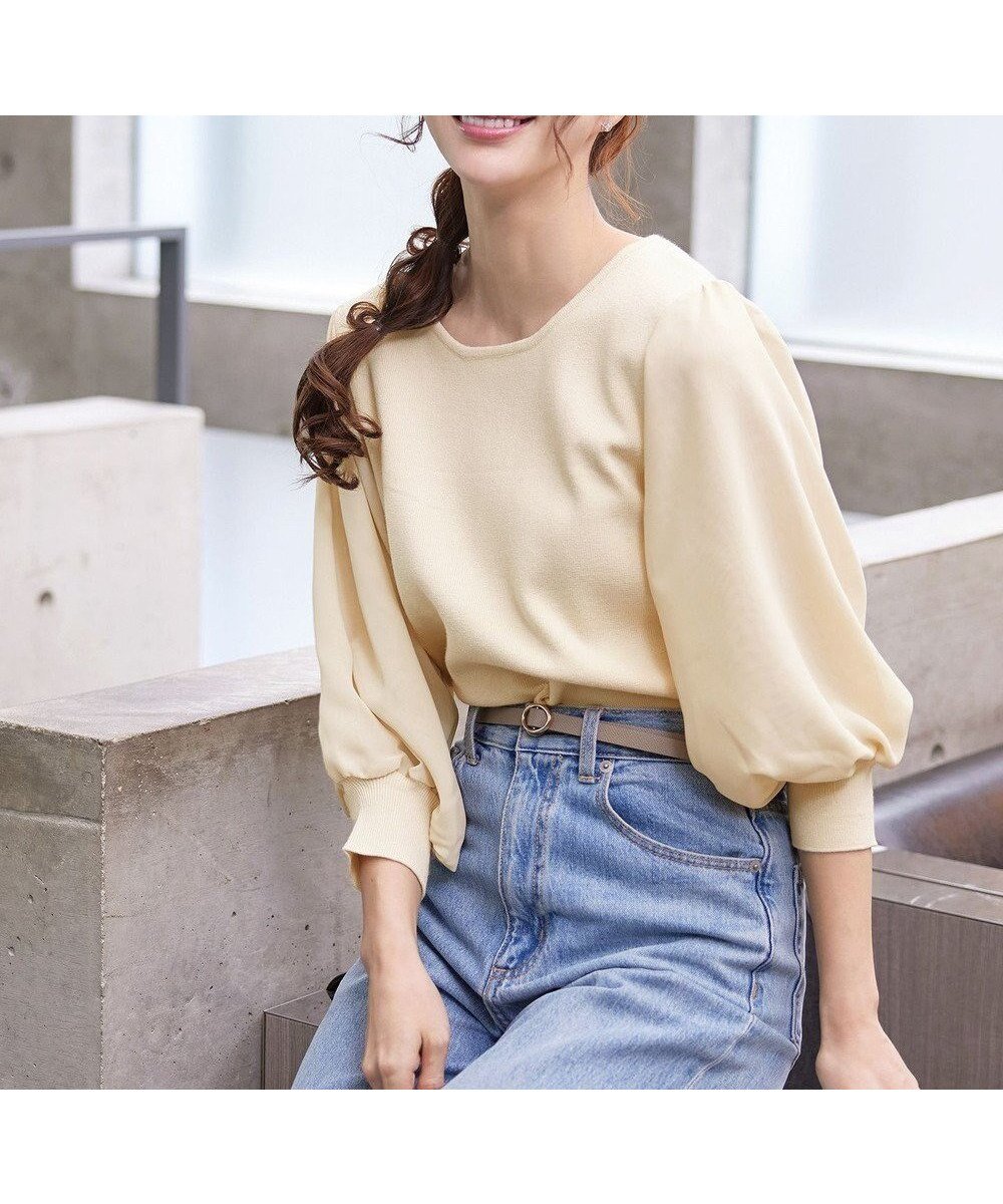 【ティアクラッセ/Tiaclasse】の【新色追加・洗える】異素材パフ袖トップス インテリア・キッズ・メンズ・レディースファッション・服の通販 founy(ファニー) 　ファッション　Fashion　レディースファッション　Fashion for Women　トップス・カットソー　Cut & Sew Tops　ニット　Knit Tops & Sweaters　ウォッシャブル　Machine Washable　シフォン　Chiffon, Lightweight Fabric　セーター　Sweater, Knitwear　フェミニン　Feminine, Girly　ポケット　Pocket, Pocket Detail　ラウンド　Round, Round Neck　エレガント 上品　Elegant　再入荷　Restock / Back in Stock　夏　Summer　新作・新入荷　New Arrivals / New In　春　Spring　S/S・春夏　SS, Spring/Summer, Warm Season　洗える　Machine Washable　無地　Plain, Solid Color　秋　Autumn　エクリュ|ID: prp329100004868663 ipo3291000000036280696