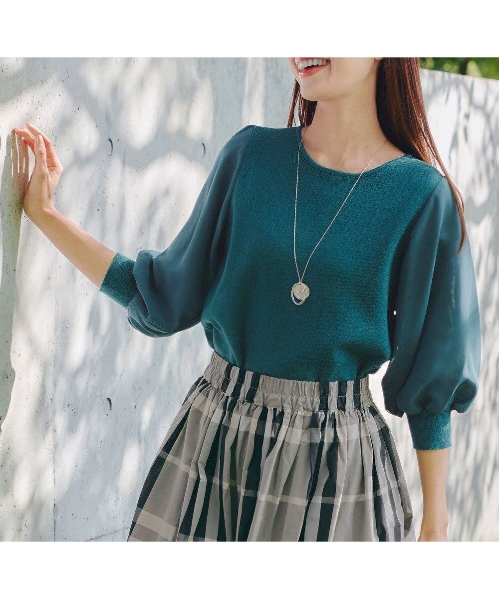 【ティアクラッセ/Tiaclasse】の【新色追加・洗える】異素材パフ袖トップス インテリア・キッズ・メンズ・レディースファッション・服の通販 founy(ファニー) 　ファッション　Fashion　レディースファッション　Fashion for Women　トップス・カットソー　Cut & Sew Tops　ニット　Knit Tops & Sweaters　ウォッシャブル　Machine Washable　シフォン　Chiffon, Lightweight Fabric　セーター　Sweater, Knitwear　フェミニン　Feminine, Girly　ポケット　Pocket, Pocket Detail　ラウンド　Round, Round Neck　エレガント 上品　Elegant　再入荷　Restock / Back in Stock　夏　Summer　新作・新入荷　New Arrivals / New In　春　Spring　S/S・春夏　SS, Spring/Summer, Warm Season　洗える　Machine Washable　無地　Plain, Solid Color　秋　Autumn　ターコイズ|ID: prp329100004868663 ipo3291000000036280698