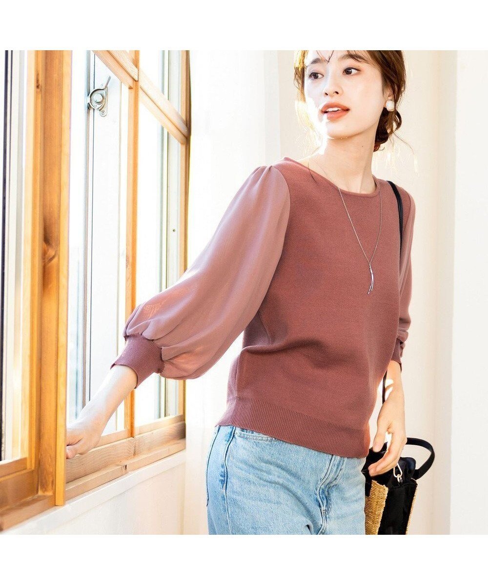 【ティアクラッセ/Tiaclasse】の【新色追加・洗える】異素材パフ袖トップス インテリア・キッズ・メンズ・レディースファッション・服の通販 founy(ファニー) 　ファッション　Fashion　レディースファッション　Fashion for Women　トップス・カットソー　Cut & Sew Tops　ニット　Knit Tops & Sweaters　ウォッシャブル　Machine Washable　シフォン　Chiffon, Lightweight Fabric　セーター　Sweater, Knitwear　フェミニン　Feminine, Girly　ポケット　Pocket, Pocket Detail　ラウンド　Round, Round Neck　エレガント 上品　Elegant　再入荷　Restock / Back in Stock　夏　Summer　新作・新入荷　New Arrivals / New In　春　Spring　S/S・春夏　SS, Spring/Summer, Warm Season　洗える　Machine Washable　無地　Plain, Solid Color　秋　Autumn　ピンク|ID: prp329100004868663 ipo3291000000036280702