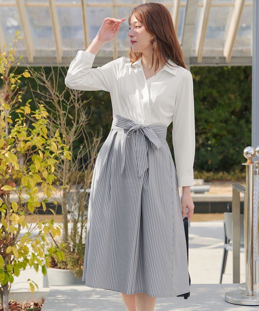 【ティアクラッセ/Tiaclasse】のカシュクールシャツワンピース インテリア・キッズ・メンズ・レディースファッション・服の通販 founy(ファニー) 　ファッション　Fashion　レディースファッション　Fashion for Women　ワンピース　Dresses　シャツワンピース / 1枚で着映えコーデ　Shirt Dresses　スキッパー　Skipper, Open Collar　ストライプ　Stripe, Striped Pattern　フロント　Front, Front Design　ポケット　Pocket, Pocket Detail　リボン　Ribbon, Bow　エレガント 上品　Elegant　ビジネス 仕事 通勤　Business / Work / Commuting　夏　Summer　春　Spring　S/S・春夏　SS, Spring/Summer, Warm Season　楽ちん　Easy Fit, Comfortable　無地　Plain, Solid Color　オフホワイトグレーストライプ|ID: prp329100004868707 ipo3291000000036281262